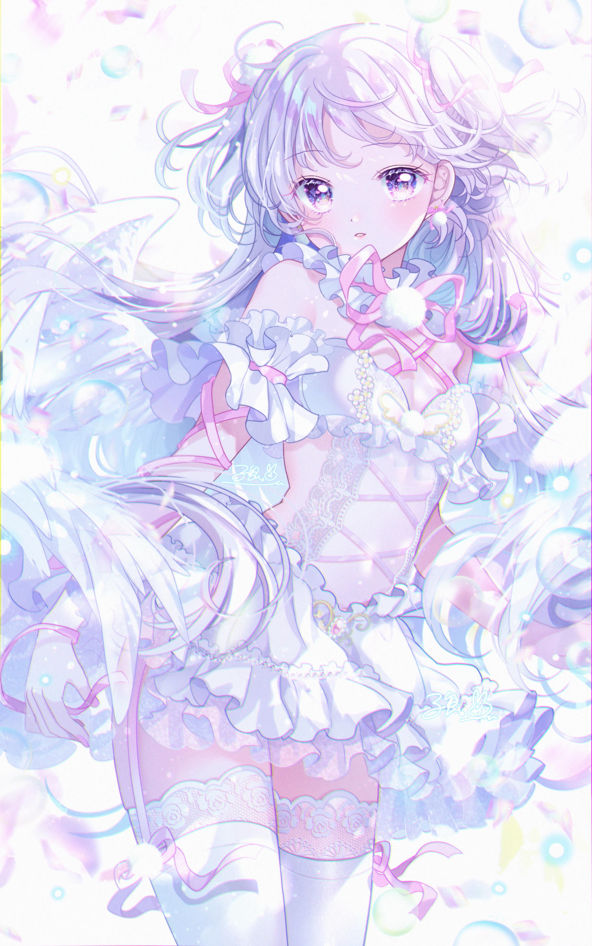 kousagi, original, absurdres, commentary request, highres, 1girl, bare shoulders, blush, bow, closed mouth, collar, covered navel, detached collar, dress, frills, garter straps, hair ornament, hair ribbon, long hair, looking at viewer, purple eyes, purple hair, ribbon, see-through clothes, smile, solo, thighhighs, white dress, white hair, white thighhighs, wings