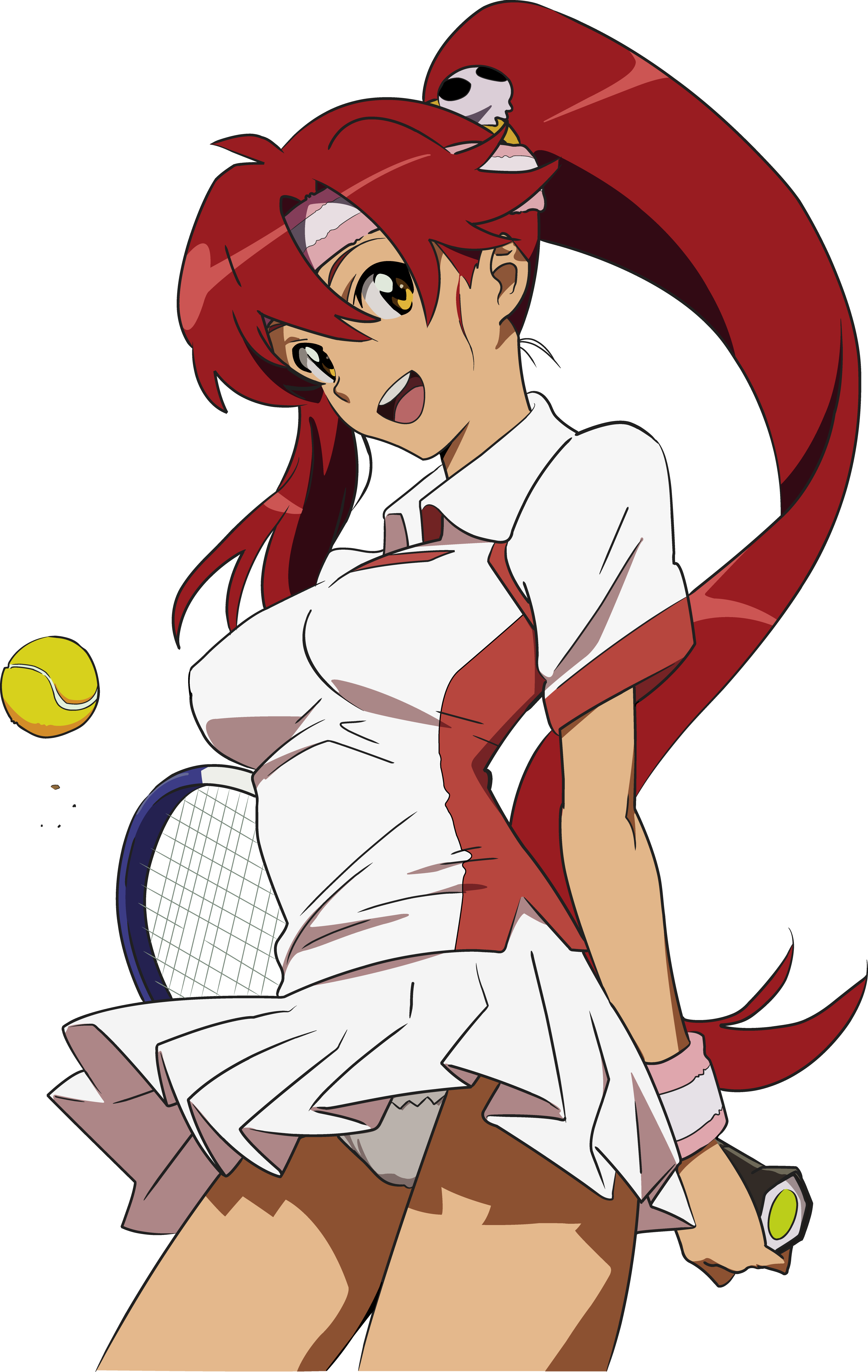 yoko littner, tengen toppa gurren lagann, absurdres, derivative work, duplicate, highres, vector trace, 00s, 1girl, female focus, panties, pantyshot, ponytail, red hair, skirt, solo, tennis, underwear, yellow eyes