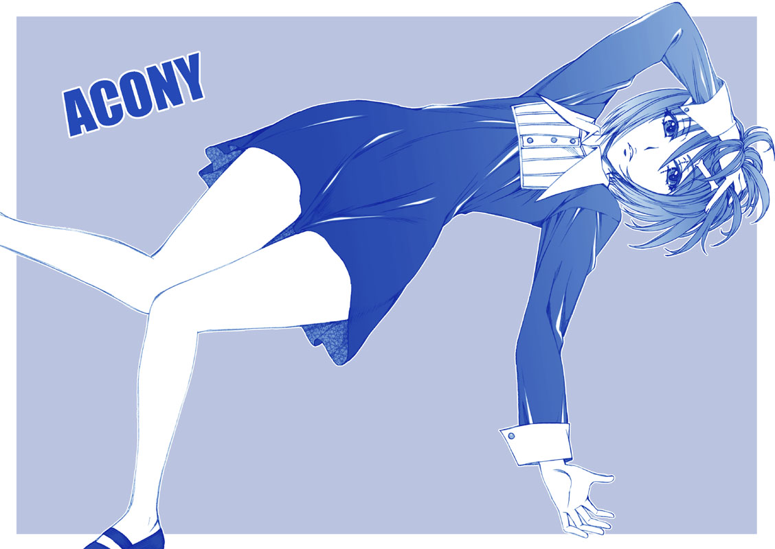 hanzaki jirou, acony lanchester, acony, 1girl, blue theme, female focus, lying, monochrome, short hair, solo