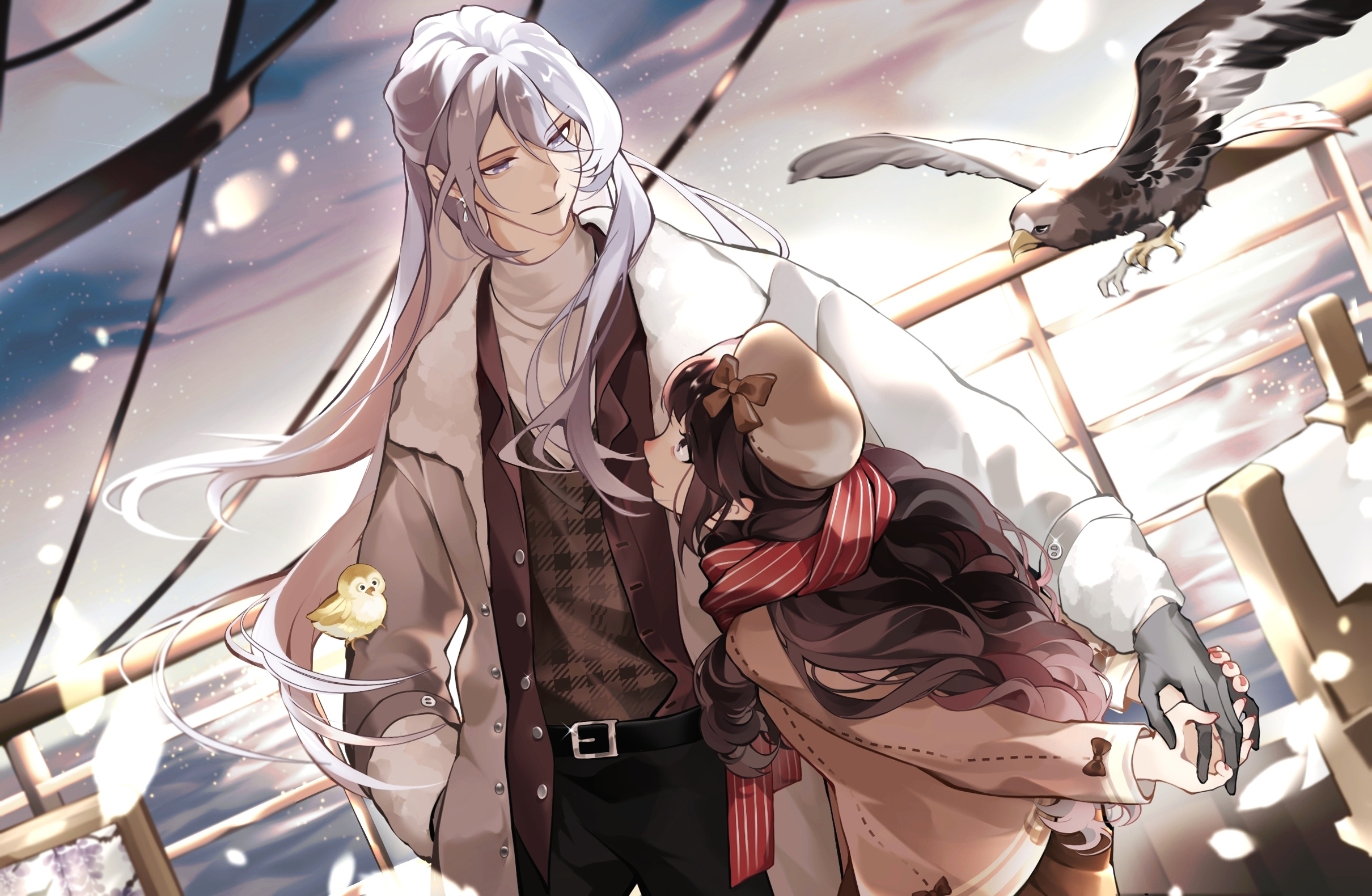 wangulongdong, cael anselm, heroine (lovebrush chronicles), lovebrush chronicles, chinese commentary, commentary request, highres, 1boy, 1girl, animal on arm, arms behind back, belt, belt buckle, beret, bird, bird on arm, black belt, black eyes, black gloves, black hair, black pants, blunt bangs, blush, bow, brown bow, brown hat, brown jacket, brown sweater vest, buckle, cael anselm (corridor of fate), closed mouth, coat, cowboy shot, dutch angle, eagle, earrings, enpera, eye contact, gloves, grey coat, hair between eyes, hand in pocket, hat, hat bow, height difference, holding hands, jacket, jewelry, leaning forward, light particles, long hair, long hair between eyes, long sleeves, looking at another, looking down, looking to the side, looking up, nail polish, nose blush, ocean, on ship, open clothes, open coat, open jacket, outdoors, pants, plaid clothes, plaid sweater vest, profile, purple eyes, railing, red nails, red scarf, scarf, ship, shirt, sidelocks, sleeve bow, smile, standing, striped clothes, striped scarf, sweater vest, turtleneck, turtleneck shirt, very long hair, watercraft, wavy hair, white hair, white shirt, yellow bird