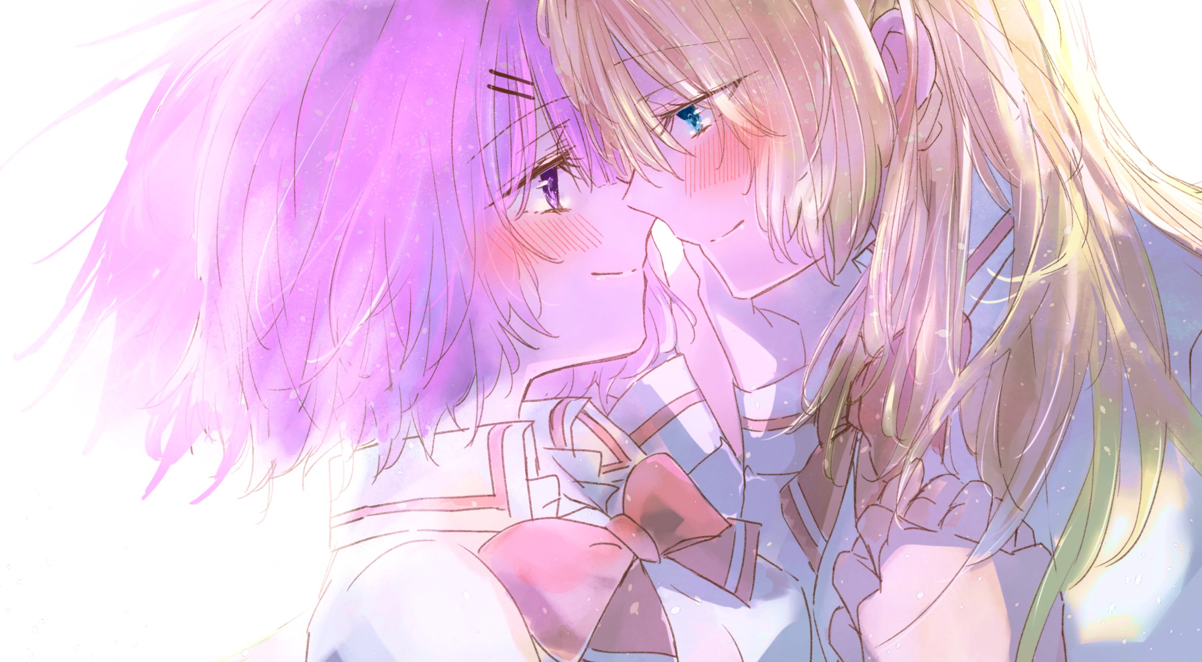 ao (aymr6215), amaori renako, ouzuka mai, watashi ga koibito ni nareru wake naijan murimuri!, commentary, highres, 2girls, blonde hair, blue eyes, blush, bow, bowtie, closed mouth, couple, eye contact, hair ornament, hairclip, hand on another's cheek, hand on another's face, holding hands, long hair, looking at another, multiple girls, parallel hairclips, pink hair, purple eyes, red bow, red bowtie, shirt, short hair, simple background, upper body, white background, white shirt, yuri