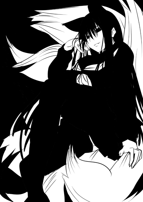 date (senpen), hagoromo gitsune, nurarihyon no mago, 1girl, animal ears, female focus, fox ears, greyscale, long hair, monochrome, panties, panties over pantyhose, pantyhose, school uniform, solo, tail, underwear