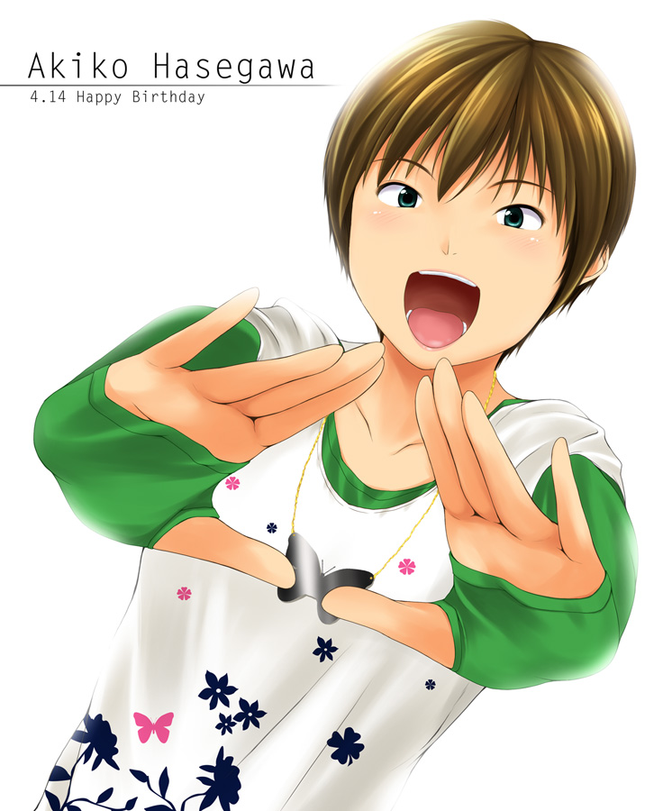 nishi (count2.4), hasegawa akiko, idolmaster, real life, 00s, animification, brown hair, foreshortening, green eyes, happy birthday, smile, solo, voice actor