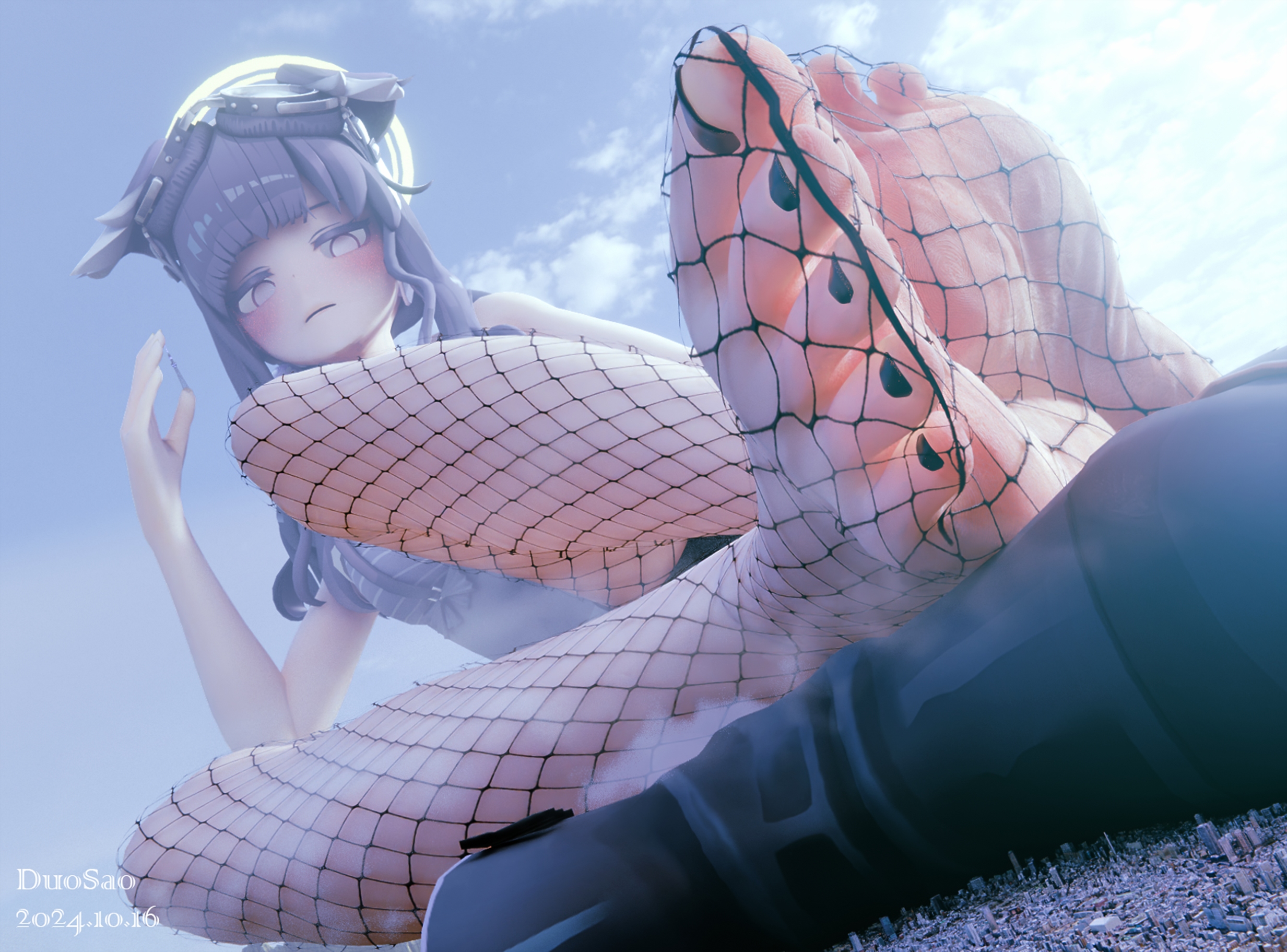 hibiki (blue archive), blue archive, commentary, highres, 1girl, animal ears, barefoot, black hair, city, dog ears, dog girl, duosaochou, feet, femdom, fishnet pantyhose, fishnet thighhighs, fishnets, giant, giantess, goggles, goggles on head, halo, no shoes, pantyhose, size difference, soles, thighhighs, toes, yellow halo