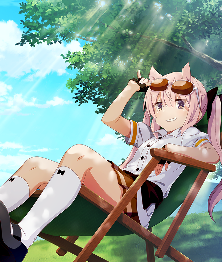 mashiko kaoru, toji no miko, toji no miko: kizamishi issen no tomoshibi, game cg, official art, third-party source, 1girl, adjusting eyewear, black bow, black gloves, blue sky, bow, bow legwear, brown eyes, brown skirt, buttons, chair, cloud, deck chair, dot nose, eyewear on head, fingerless gloves, folding chair, gloves, grin, hair horns, hand on eyewear, long hair, looking at viewer, on chair, osafune girls academy school uniform, outdoors, pink hair, pinky out, reclining, school uniform, shirt, short sleeves, sitting, skirt, sky, smile, socks, solo, summer uniform, sunglasses, sunlight, tree, twintails, white shirt, white socks