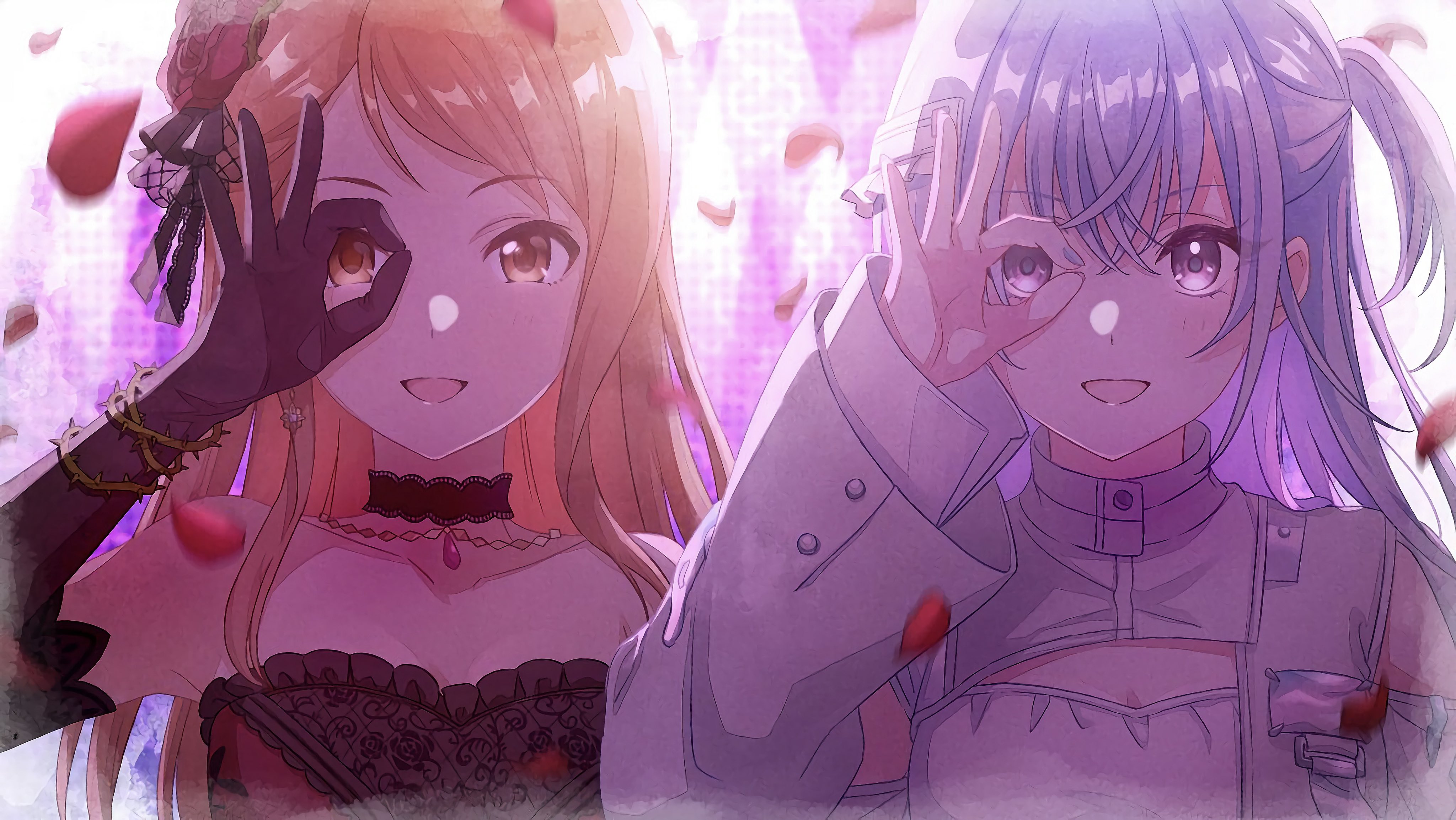 hojo karen, suzuki hana, idolmaster, idolmaster cinderella girls, idolmaster cinderella girls starlight stage, idolmaster shiny colors, absurdres, commentary request, highres, official art, 2girls, black choker, black gloves, blue hair, blue nails, blush, brown eyes, choker, earrings, gloves, in-franchise crossover, jewelry, long hair, multiple girls, open mouth, petals, rose petals, shirt, smile, white shirt