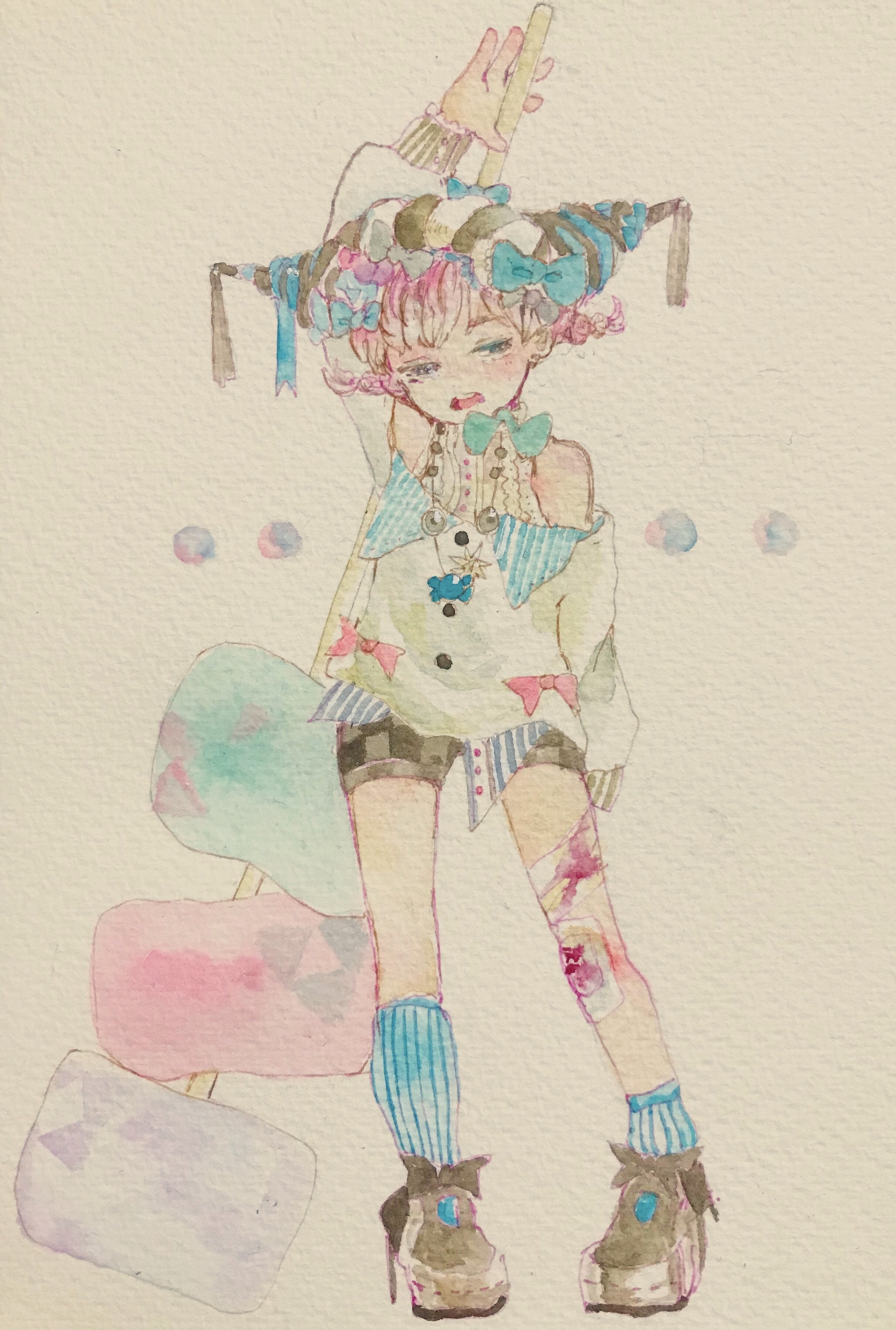 karintoun, original, absurdres, acrylic paint (medium), commentary request, highres, painting (medium), traditional media, watercolor (medium), 1girl, blush, boots, bow, bracelet, full body, hair bow, hair ornament, hair ribbon, high heels, holding, jewelry, long sleeves, multicolored hair, necklace, off shoulder, open mouth, parted bangs, pastel colors, pink hair, ribbon, shoes, short hair, simple background, socks, standing, straight-on