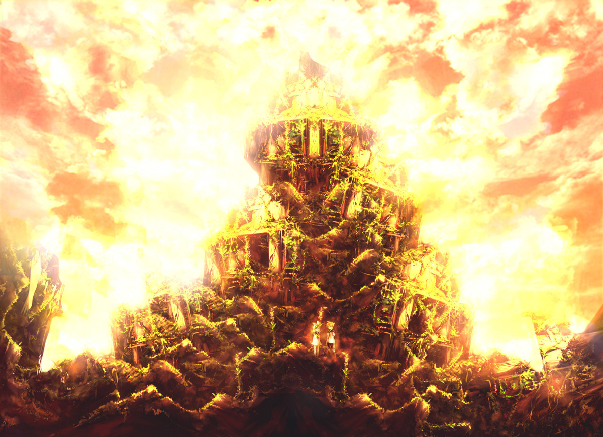 komiki2gou, kagamine len, kagamine rin, vocaloid, bad id, bad pixiv id, 1boy, 1girl, blonde hair, brother and sister, dress, necktie, ruins, sailor dress, scenery, short hair, siblings, sky, twins