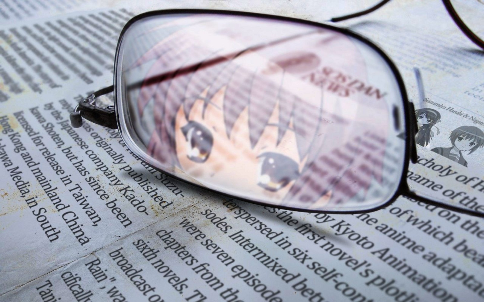 nagato yuki, suzumiya haruhi, suzumiya haruhi no yuuutsu, highres, 00s, brown eyes, glasses, newspaper, purple hair, reflection, short hair, solo