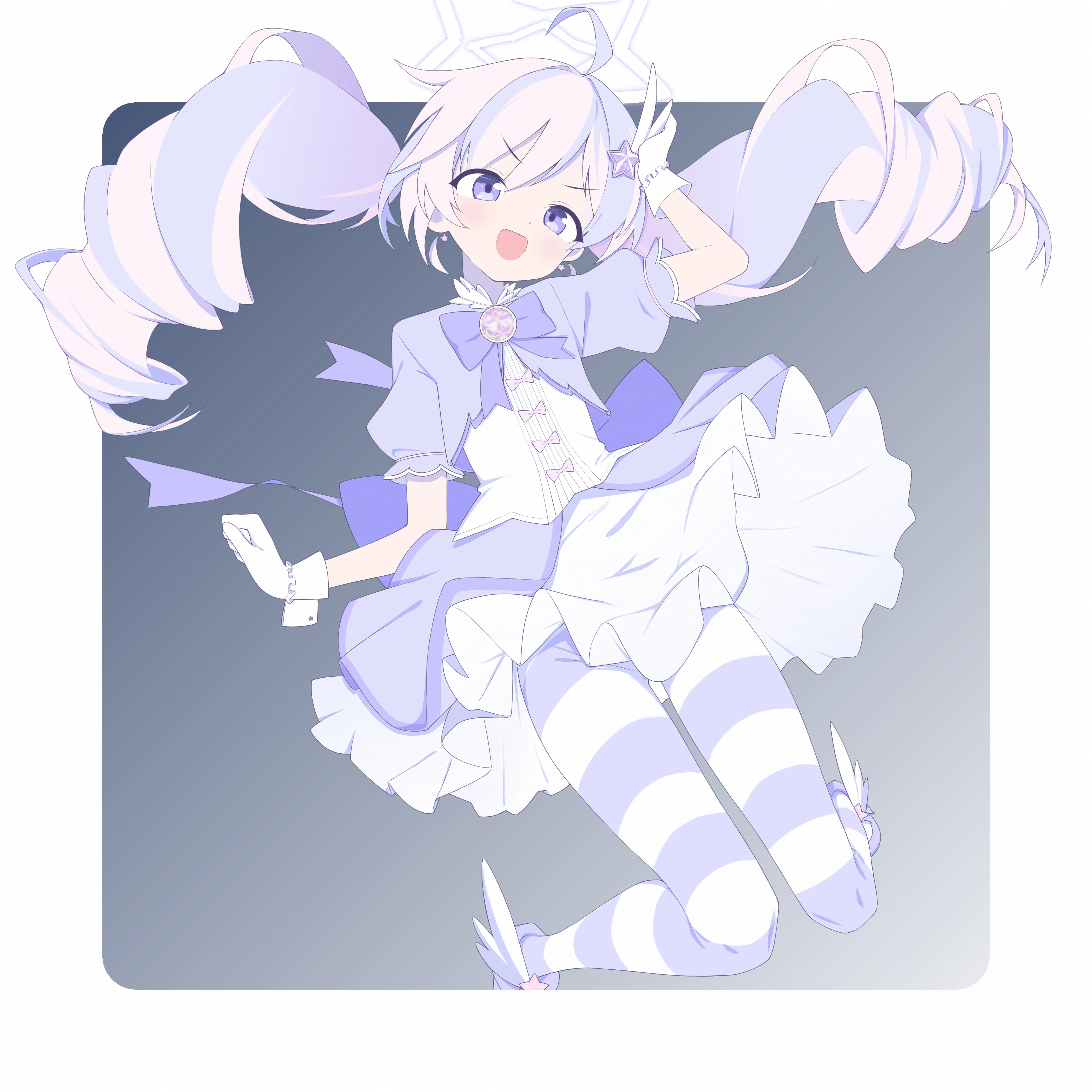 torimew, reisa (blue archive), reisa (magical) (blue archive), blue archive, absurdres, chinese commentary, commentary request, highres, making-of available, 1girl, :d, ahoge, back bow, blush, border, bow, bowtie, cropped jacket, drill hair, earrings, eyes visible through hair, gloves, gradient background, grey background, hair ornament, halo, hand on own head, head tilt, jacket, jewelry, jumping, layered skirt, long hair, looking at viewer, magical girl, multicolored hair, official alternate costume, official alternate hairstyle, open mouth, outside border, pantyhose, pink bow, pink hair, puffy short sleeves, puffy sleeves, purple bow, purple bowtie, purple eyes, purple hair, purple halo, purple jacket, purple pantyhose, purple shoes, shirt, shoes, short sleeves, skirt, smile, solo, star (symbol), star earrings, star hair ornament, striped clothes, striped pantyhose, twin drills, twintails, two-tone hair, v-shaped eyebrows, white border, white gloves, white shirt, white skirt, white wrist cuffs, wind, wind lift, wing hair ornament, winged shoes, wings, wrist cuffs