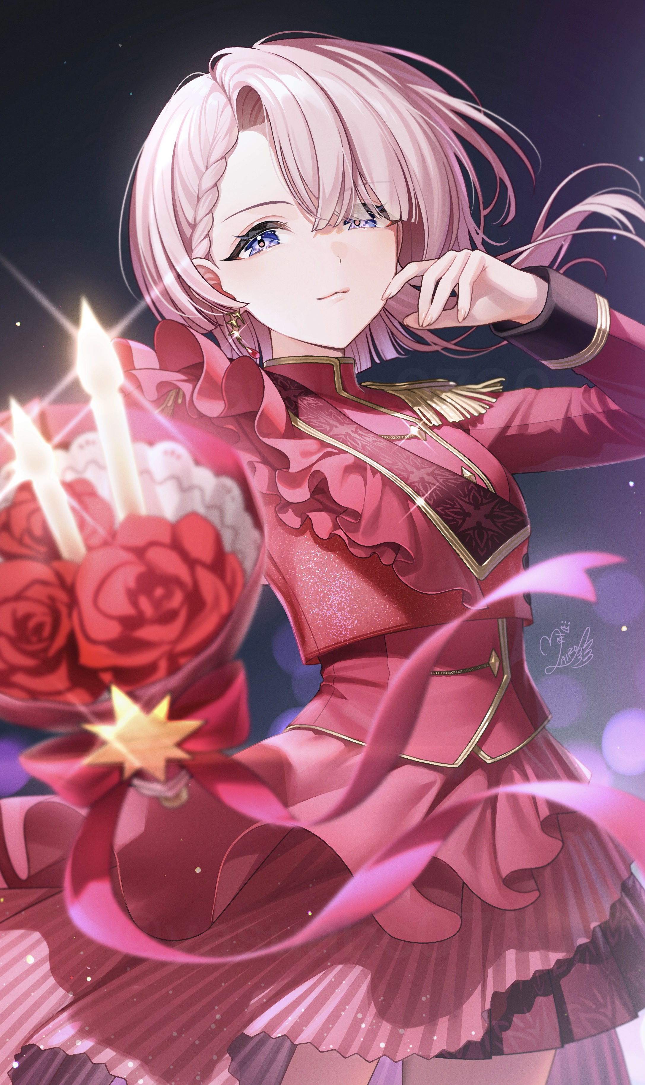 mairo, arimura mao, gakuen idolmaster, idolmaster, absurdres, commentary request, highres, 1girl, black background, blue eyes, blunt ends, blurry, blurry foreground, bouquet, cooking, earrings, epaulettes, flower, gold trim, gradient background, hair over one eye, holding, holding bouquet, incoming gift, jacket, jewelry, lens flare, long sleeves, outside border, pink hair, pink ribbon, red flower, red jacket, red rose, red skirt, ribbon, rose, short hair, skirt, smile, solo