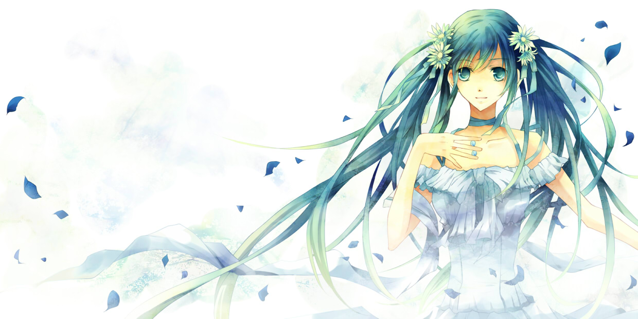 ria (pixiv251058), original, bad id, bad pixiv id, 1girl, aqua eyes, aqua hair, dress, female focus, flower, long hair, petals, ribbon, solo, twintails, very long hair, white background, wind