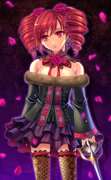 byuune, amy sorel, namco, soul calibur, soulcalibur, soulcalibur iv, fur, 1girl, bare shoulders, dress, drill hair, female focus, fishnet thighhighs, fishnets, flower, fur trim, lace, petals, rapier, red eyes, red hair, rose, solo, sword, thighhighs, twintails, weapon