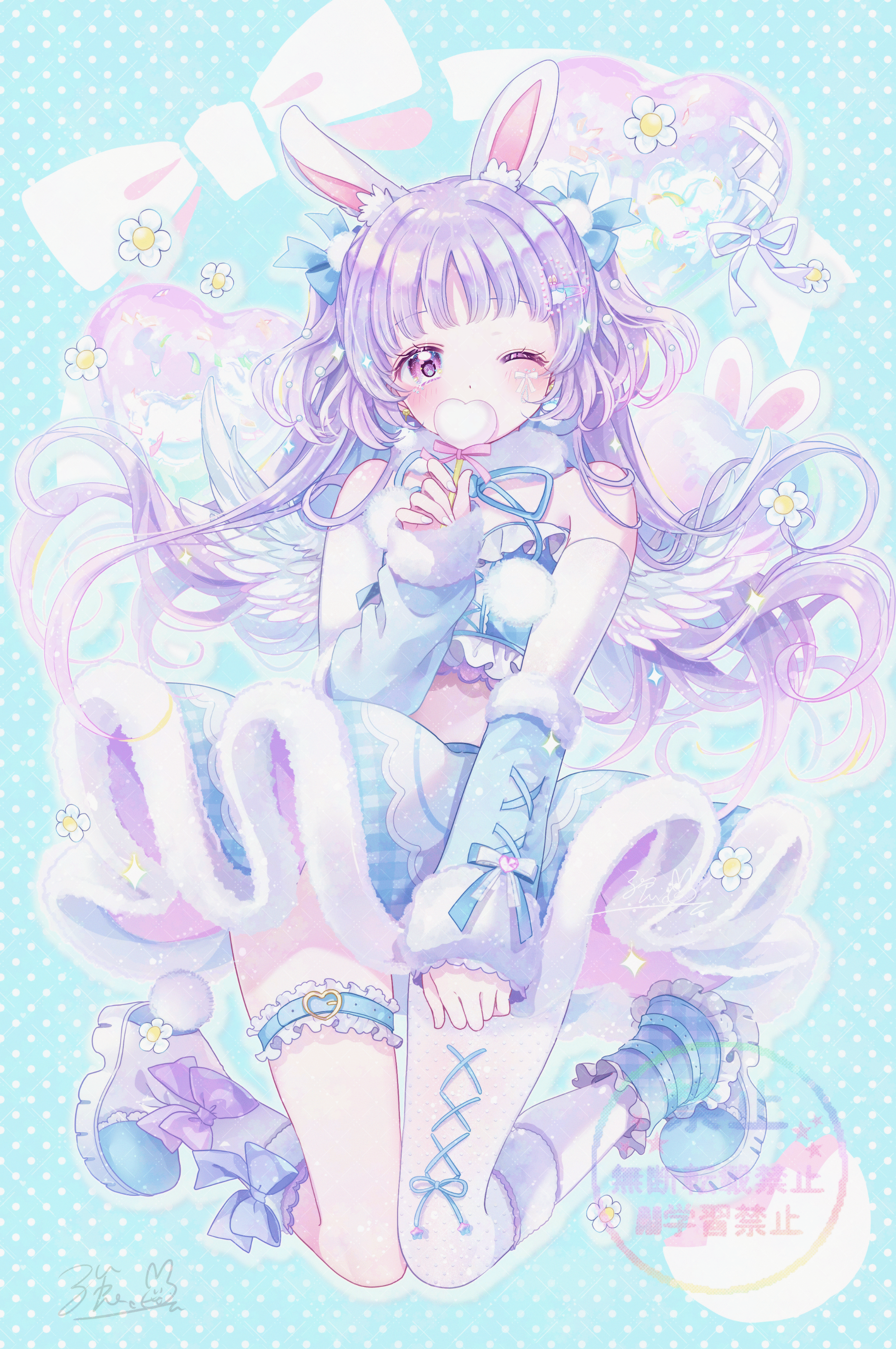 kousagi, original, absurdres, commentary request, highres, 1girl, animal ear fluff, animal ears, bare shoulders, belt, blue background, blue bow, blue skirt, blunt bangs, blush, boots, bow, crop top, detached sleeves, footwear bow, frilled thigh strap, full body, fur-trimmed skirt, fur trim, hair bow, long hair, long sleeves, looking at viewer, one eye closed, pantyhose, polka dot, polka dot background, purple bow, purple hair, rabbit ears, rabbit girl, red eyes, single leg pantyhose, skirt, solo, thigh belt, thigh strap, white boots, white pantyhose, white sleeves