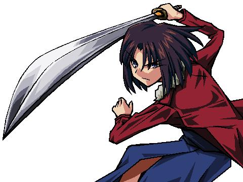 ryougi shiki, kara no kyoukai, lowres, 1girl, black hair, brown eyes, brown hair, female focus, jacket, japanese clothes, katana, kimono, obi, red jacket, sash, short hair, solo, sword, weapon