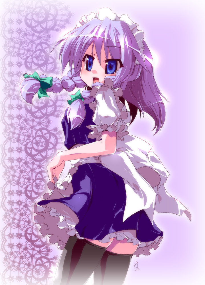 miuku (marine sapphire), izayoi sakuya, touhou, silver hair, 1girl, blue eyes, braid, female focus, gradient background, maid, short hair, solo, thighhighs, twin braids