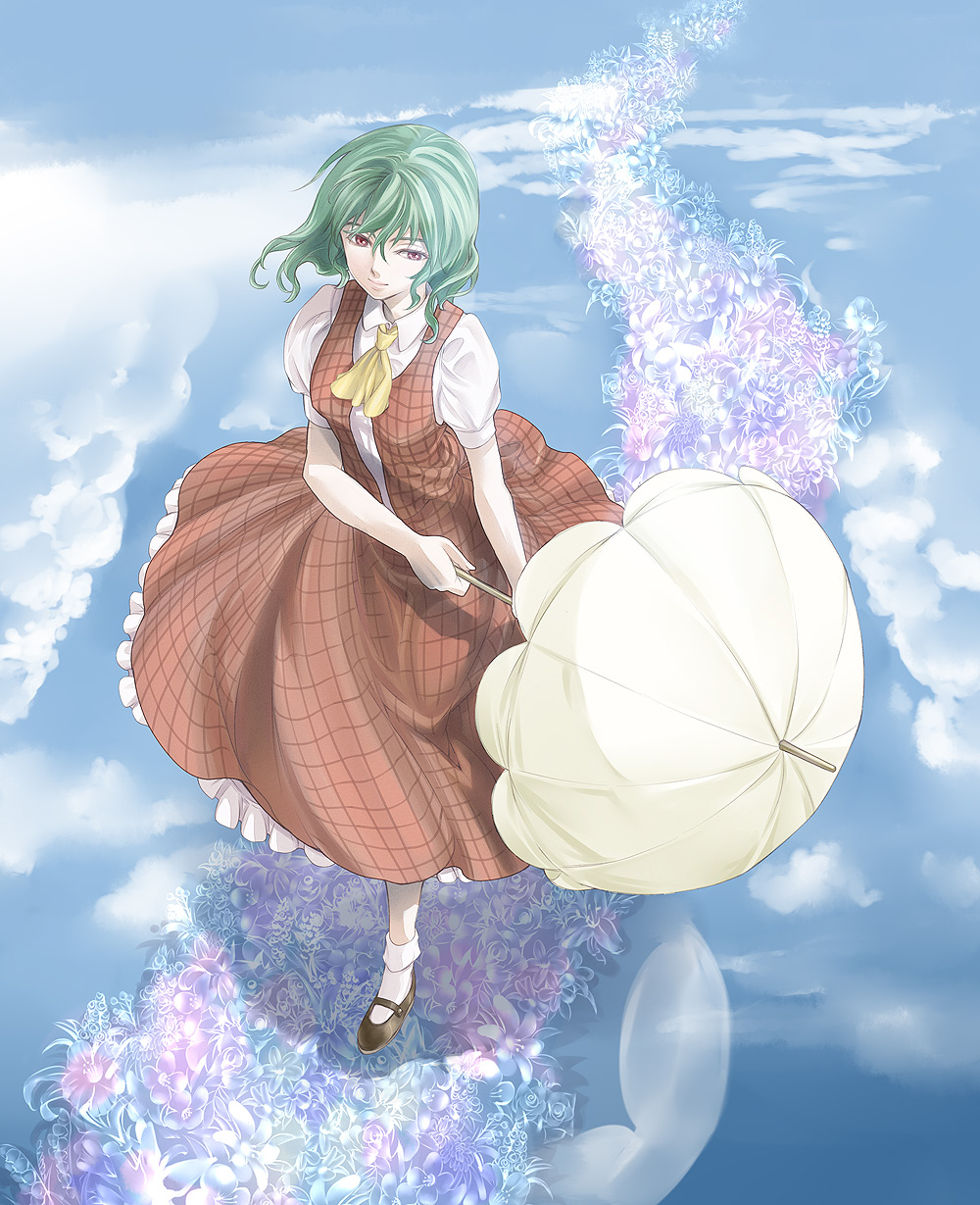 kyuu umi, kazami yuuka, touhou, highres, 1girl, ascot, blue sky, cloud, day, female focus, flower, from above, green hair, mary janes, parasol, plaid clothes, plaid skirt, plaid vest, red eyes, shirt, shoes, short hair, skirt, skirt set, sky, smile, solo, umbrella, vest