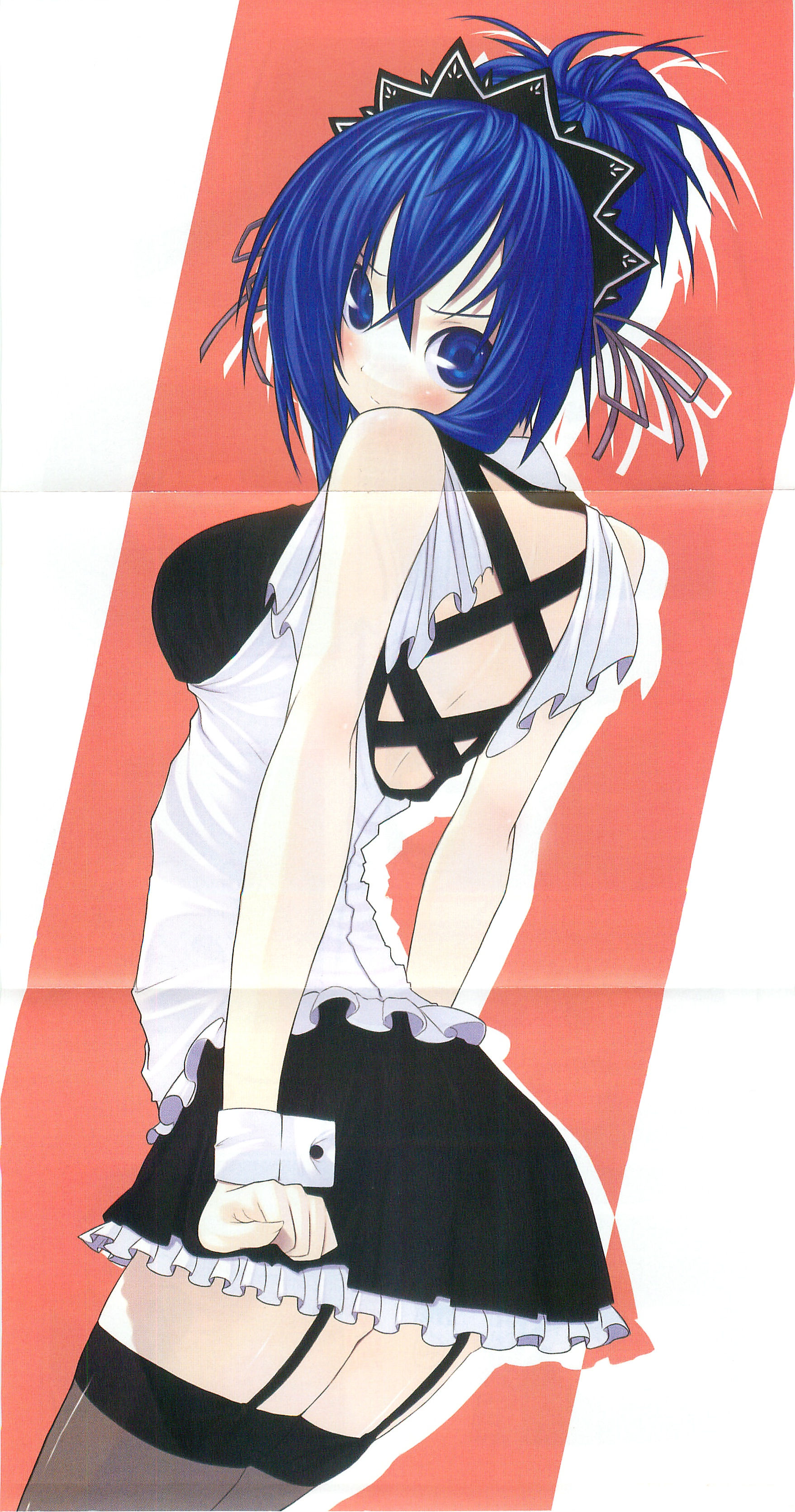 senou natsuru, kampfer, absurdres, highres, scan, scan artifacts, 00s, 1girl, alternate costume, ass, blue eyes, blue hair, blush, crease, enmaided, female focus, forced dressing, garter straps, genderswap, genderswap (mtf), maid, matching hair/eyes, skirt, solo, thighhighs