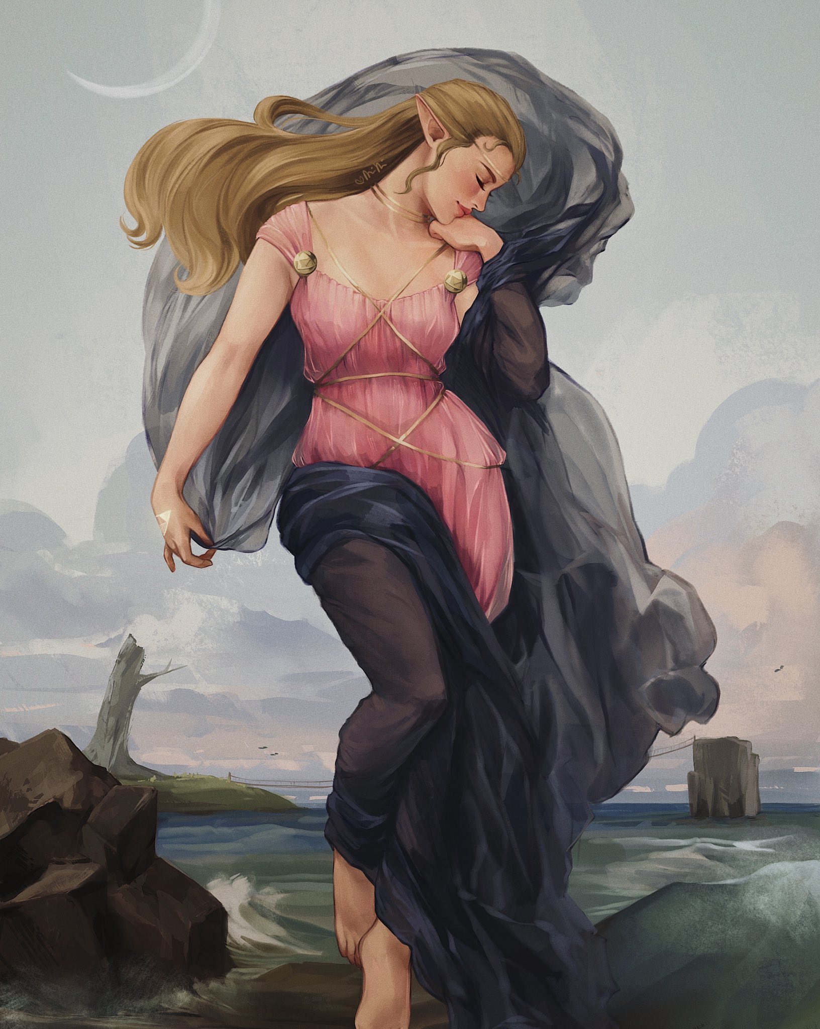 mimimaru, princess zelda, nintendo, the legend of zelda, the legend of zelda: ocarina of time, commentary, highres, 1girl, barefoot, black cloak, blonde hair, brown hair, cloak, closed eyes, closed mouth, dress, evening (bouguereau), fine art parody, lake, long hair, outdoors, parody, pink dress, pointy ears, triforce
