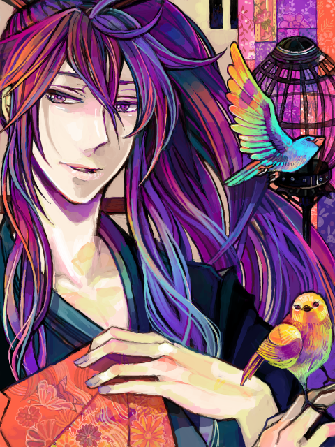 kamui gakupo, vocaloid, 1boy, bird, bird on hand, hand fan, japanese clothes, kimono, male focus, oekaki, purple theme, solo, tegaki