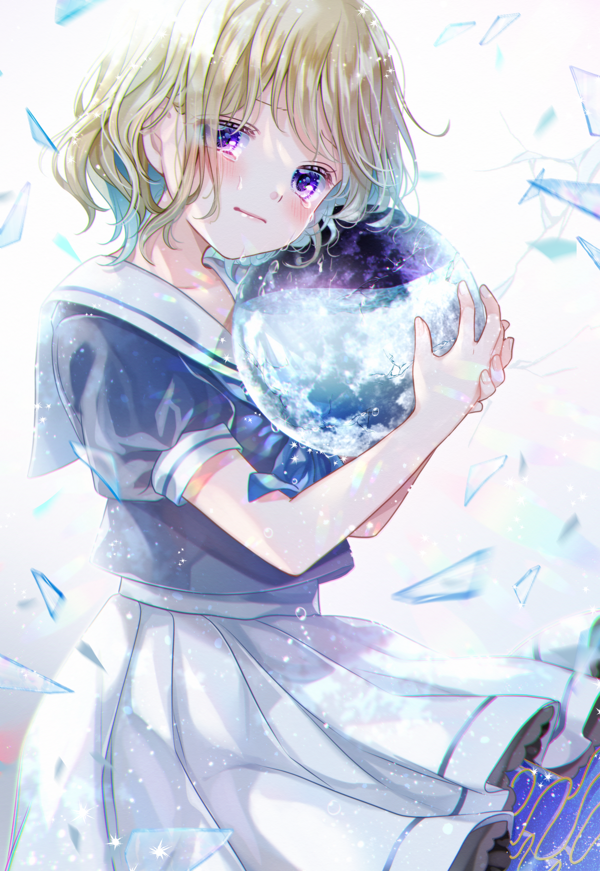 kousagi, original, absurdres, commentary request, highres, 1girl, blonde hair, blue shirt, blush, closed mouth, cowboy shot, holding, looking at viewer, moon, pleated skirt, purple eyes, sailor collar, school uniform, serafuku, shards, shirt, short hair, short sleeves, simple background, skirt, solo, white background, white sailor collar, white skirt