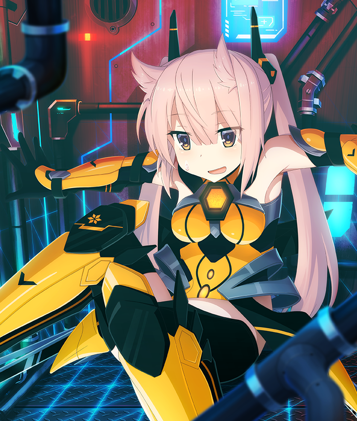 mashiko kaoru, toji no miko, toji no miko: kizamishi issen no tomoshibi, game cg, official art, third-party source, 1girl, arm armor, armor, armpits, bare shoulders, black gloves, body armor, breasts, brown eyes, cyberspace, dot nose, double-parted bangs, gloves, hair horns, hair ornament, leg armor, long hair, medium breasts, midriff, open mouth, outstretched arms, pink hair, small sweatdrop, smile, solo, spread arms, twintails, yellow armor