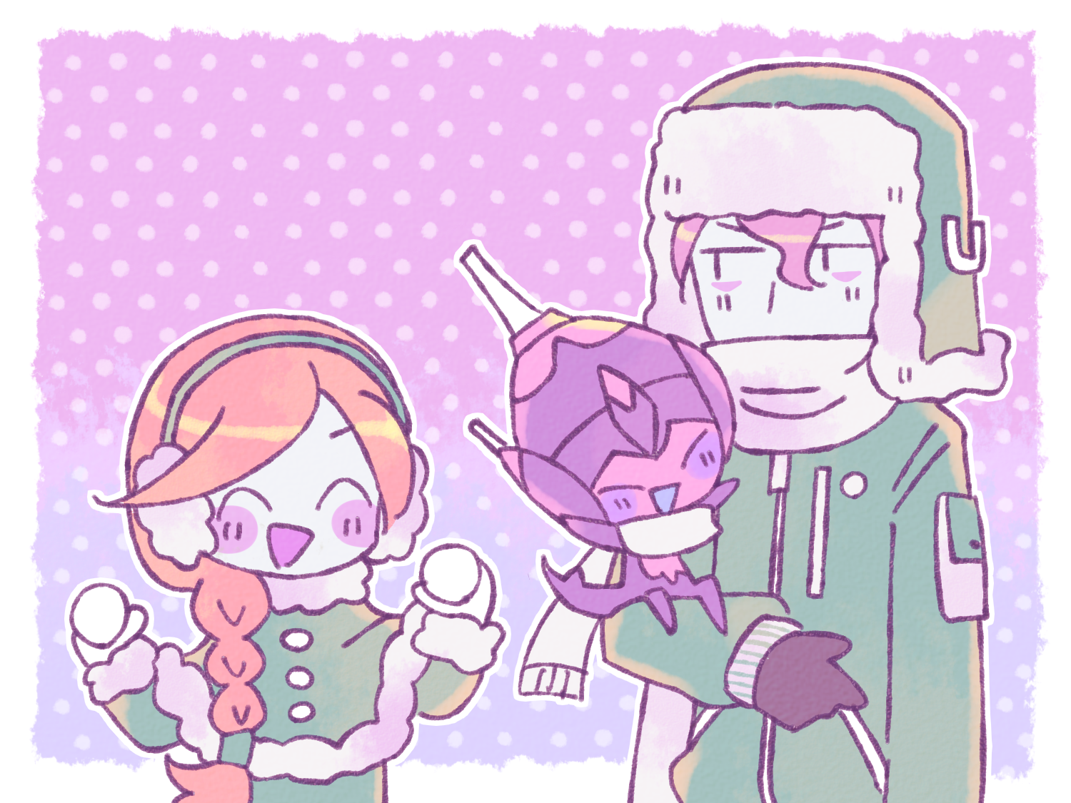 remoooon, dulse (pokemon), poipole, zossie (pokemon), nintendo, pokemon, pokemon usum, commentary, 1boy, 1girl, ^ ^, alternate costume, black gloves, blue skin, blush, blush stickers, border, braid, capelet, closed eyes, colored skin, covered mouth, earmuffs, gen 7 pokemon, gloves, green capelet, green hat, green jacket, hat, jacket, jitome, long hair, long sleeves, open mouth, orange hair, outline, pokemon (creature), pokemon on arm, polka dot, polka dot background, purple hair, scarf, scarf over mouth, short hair, single braid, smile, ultra beast, white border, white outline, white scarf, winter clothes