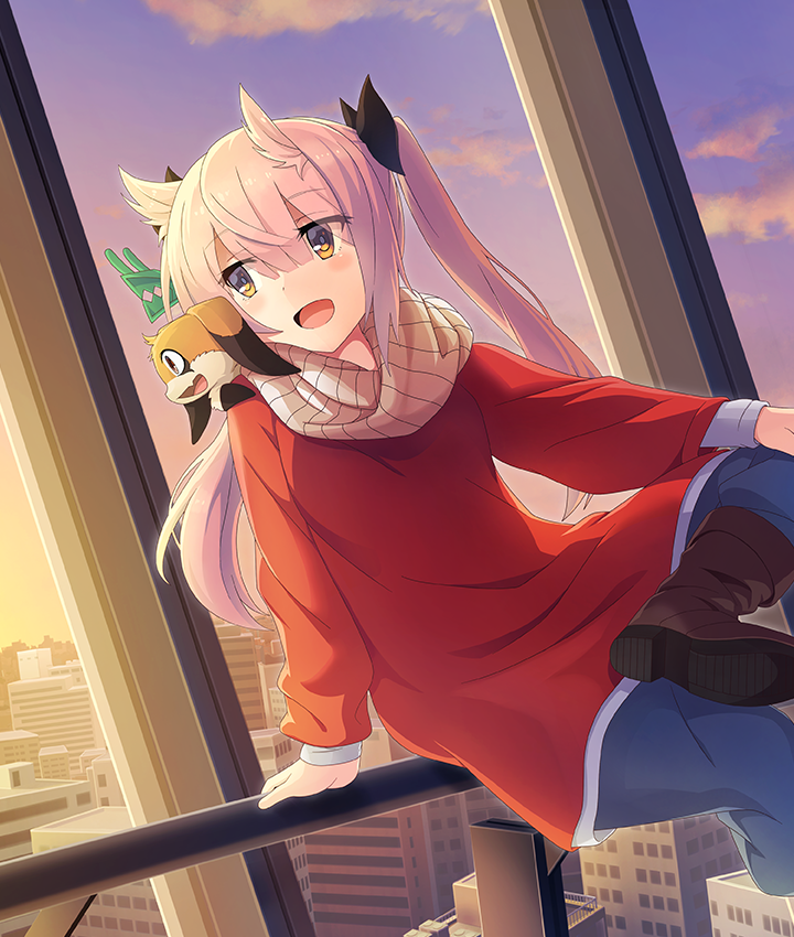 mashiko kaoru, nene (toji no miko), toji no miko, toji no miko: kizamishi issen no tomoshibi, game cg, official art, third-party source, 1girl, black boots, black bow, blue pants, blush, boots, bow, brown scarf, building, cityscape, cloud, creature, creature on shoulder, dutch angle, evening, gradient sky, hair bow, hair horns, hand on own knee, indoors, long sleeves, looking to the side, on railing, on shoulder, pants, purple sky, railing, red shirt, scarf, shirt, sitting, sky, twintails, window, yellow sky