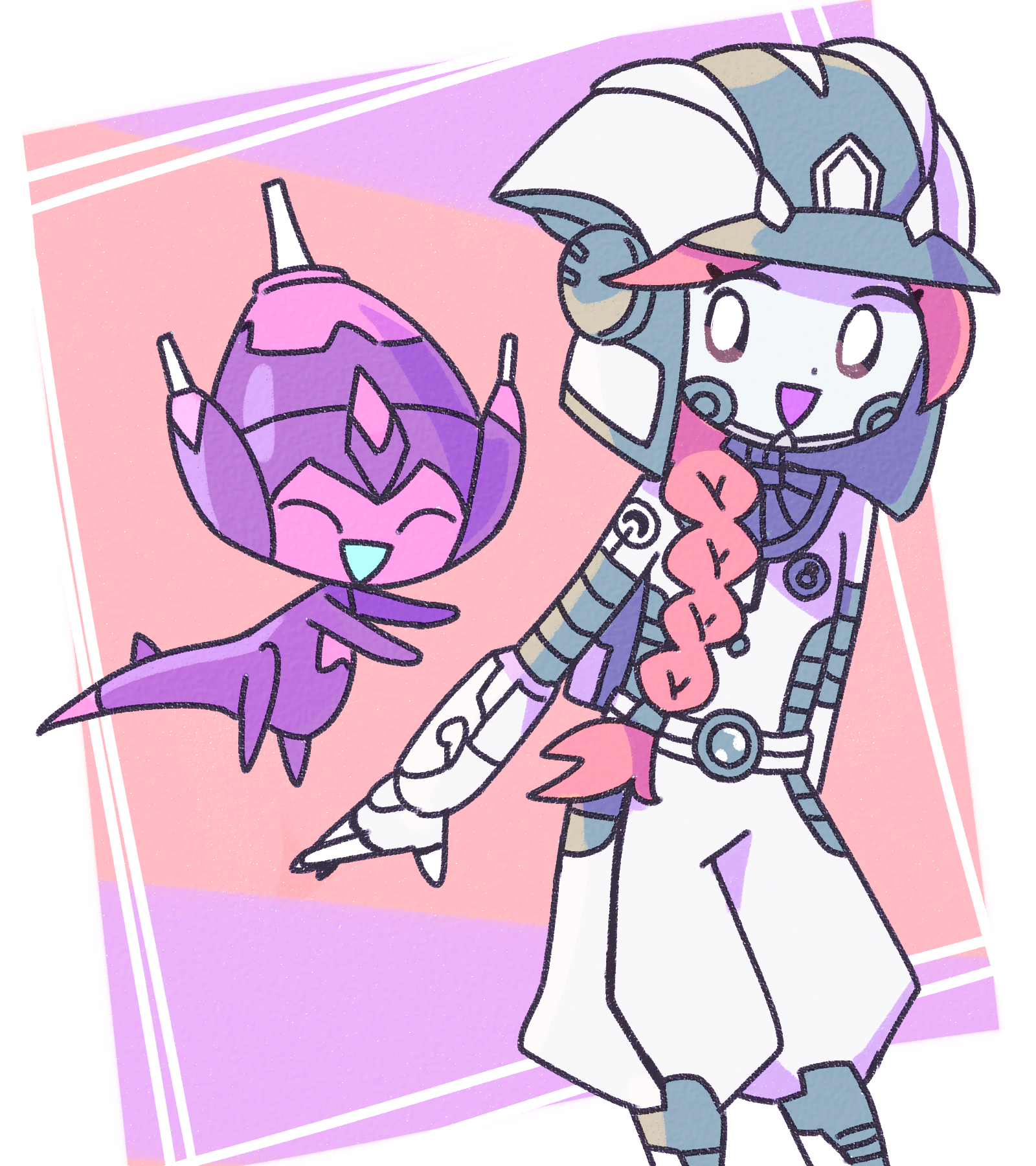 remoooon, poipole, zossie (pokemon), nintendo, pokemon, pokemon usum, commentary, highres, 1girl, blue skin, braid, closed eyes, colored skin, dot nose, eyelashes, floating, gen 7 pokemon, gloves, helmet, long hair, open mouth, orange hair, pokemon (creature), single braid, smile, ultra beast, ultra recon squad uniform, white gloves, white helmet