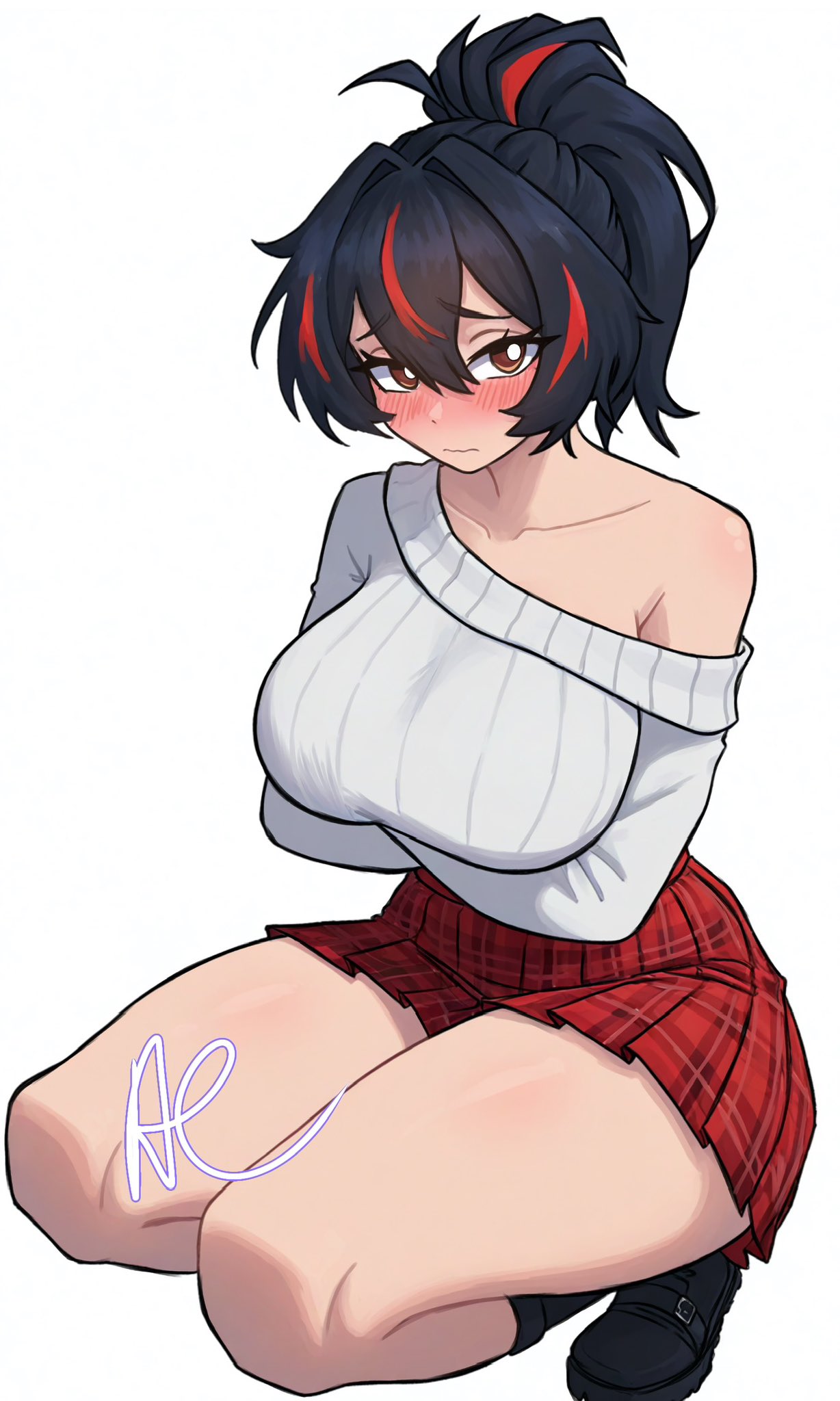 zhu yuan, zenless zone zero, commentary, english commentary, highres, 1girl, alissashogun, alternate costume, black hair, black shoes, black socks, blush, breasts, brown eyes, crossed arms, grey shirt, large breasts, looking at viewer, plaid clothes, plaid skirt, pleated skirt, ponytail, red hair, red skirt, shirt, shoes, signature, simple background, single off shoulder, skirt, socks, solo, squatting, thighs, wavy mouth, white background