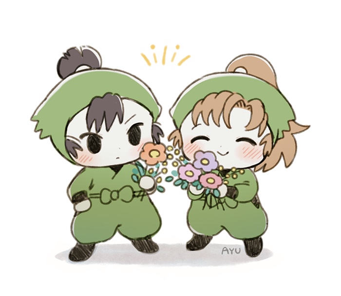 ayu (mog), zenpouji isaku, rakudai ninja rantarou, character request, commentary request, 2boys, ^ ^, ball hands, black eyes, black hair, black shoes, blush, brown hair, chibi, chibi only, closed eyes, closed mouth, dot nose, flower, full body, green hat, green pants, green shirt, hat, holding, holding flower, long sleeves, male focus, multiple boys, orange flower, pants, parted bangs, pink flower, ponytail, purple flower, shirt, shoes, short hair, signature, simple background, smile, standing, white background