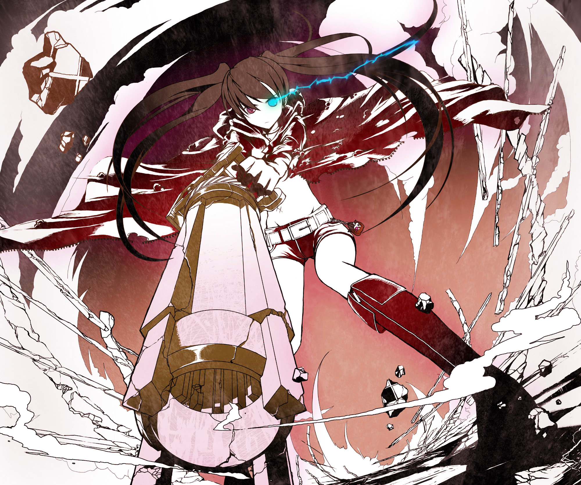 machimura komori, black rock shooter (character), black rock shooter, highres, 10s, 1girl, arm cannon, black hair, blue eyes, boots, cannon, coat, female focus, from below, glowing, glowing eyes, gun, huge weapon, knee boots, legs, monochrome, scar, shorts, solo, spot color, twintails, weapon