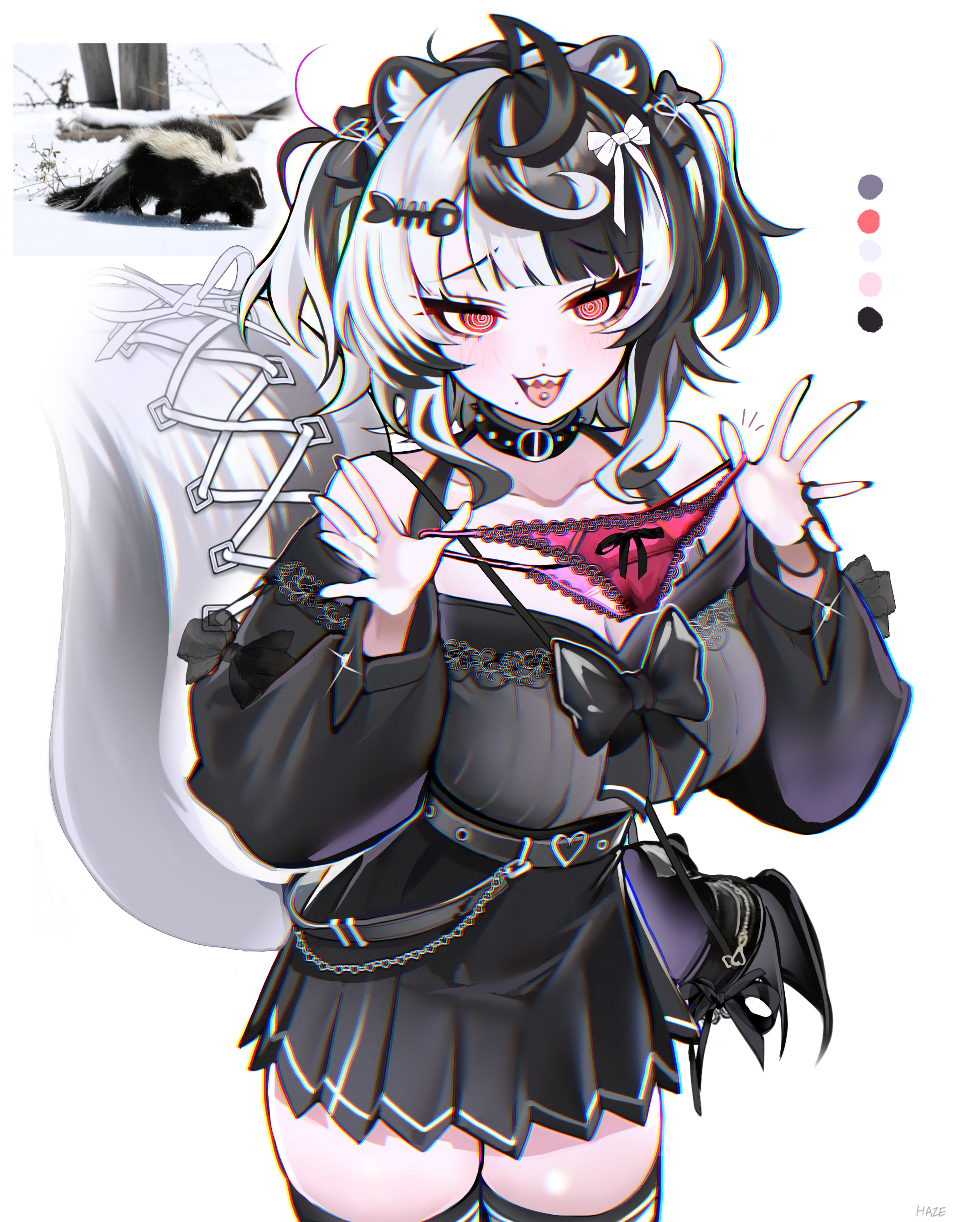 haze (7h4ze), original, absurdres, highres, 1girl, @ @, ahoge, animal ear fluff, animal ears, artist name, bag, bare shoulders, belt, black bag, black belt, black bow, black collar, black hair, black nails, black ribbon, black shirt, black skirt, black sleeves, bow, breasts, cleavage, collar, collarbone, cowboy shot, detached sleeves, dot nose, fingernails, fish hair ornament, hair ornament, hands up, heart-shaped bag, holding, holding panties, holding underwear, holding unworn clothes, large breasts, light blush, long fingernails, long sleeves, multicolored hair, nail polish, open mouth, panties, personification, photo inset, piercing, red eyes, red panties, reference inset, ribbon, shirt, shoulder bag, simple background, skirt, skunk, skunk ears, skunk girl, skunk tail, solo, tail, teeth, thighs, tongue, tongue piercing, two-tone hair, underwear, unworn panties, upper teeth only, white background, white hair