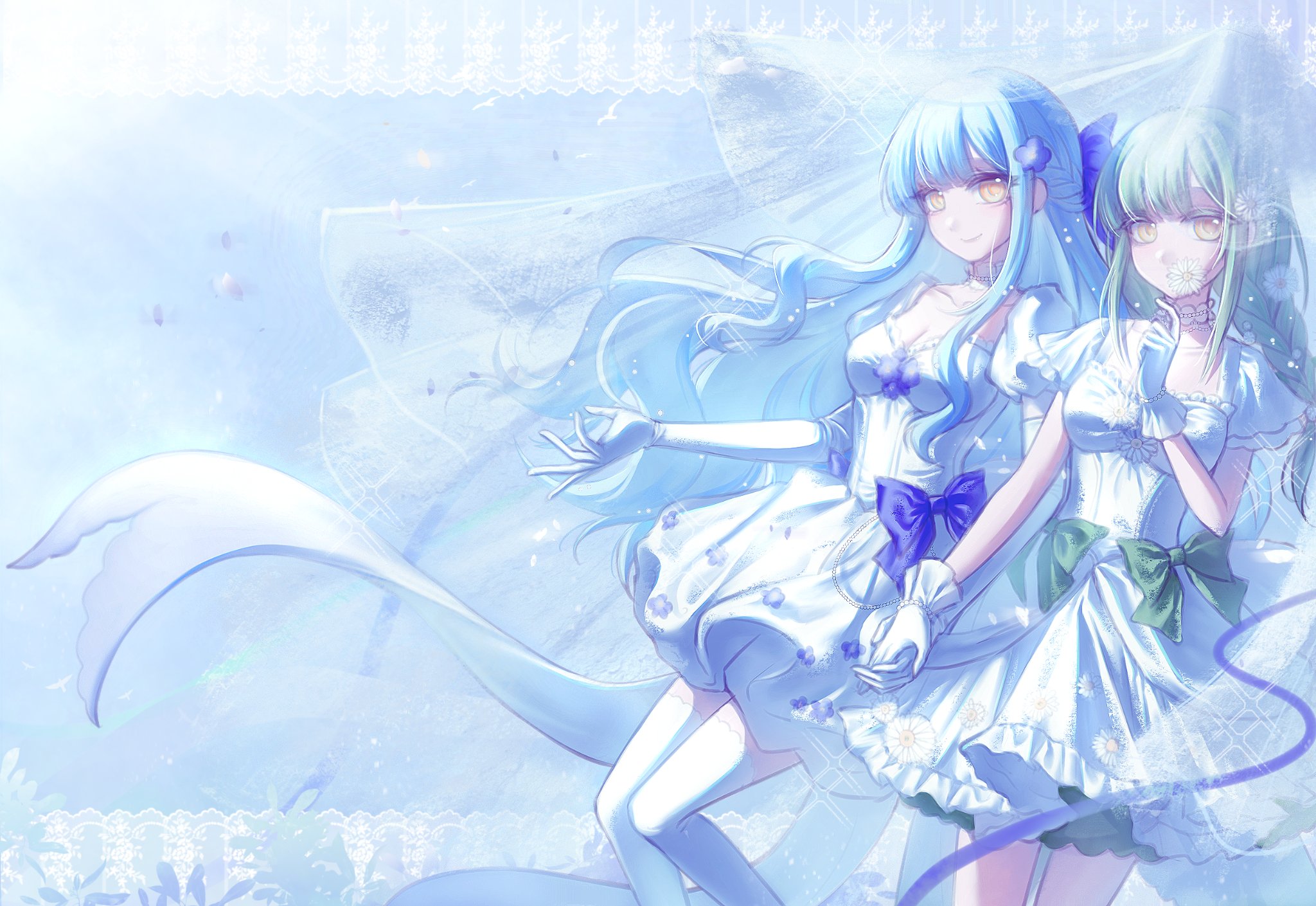 togawa sakiko, wakaba mutsumi, bang dream!, bang dream! it's mygo!!!!!, chinese commentary, commentary request, highres, 2girls, blue bow, blue hair, bow, breasts, choker, cleavage, detached sleeves, dress, flower, gloves, green bow, green hair, half updo, holding, holding flower, holding hands, long hair, looking at viewer, medium breasts, multiple girls, short sleeves, shoushud, sidelocks, thighhighs, white choker, white dress, white gloves, white thighhighs, yellow eyes