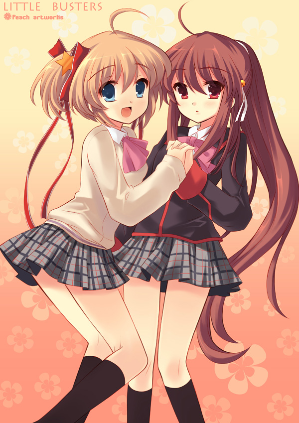 peach88, kamikita komari, natsume rin, little busters!, bad id, bad pixiv id, 2girls, ahoge, black socks, blonde hair, blue eyes, bow, brown hair, hair ribbon, kneehighs, long hair, multiple girls, open mouth, pink bow, plaid clothes, plaid skirt, ponytail, red eyes, ribbon, school uniform, short hair, skirt, socks