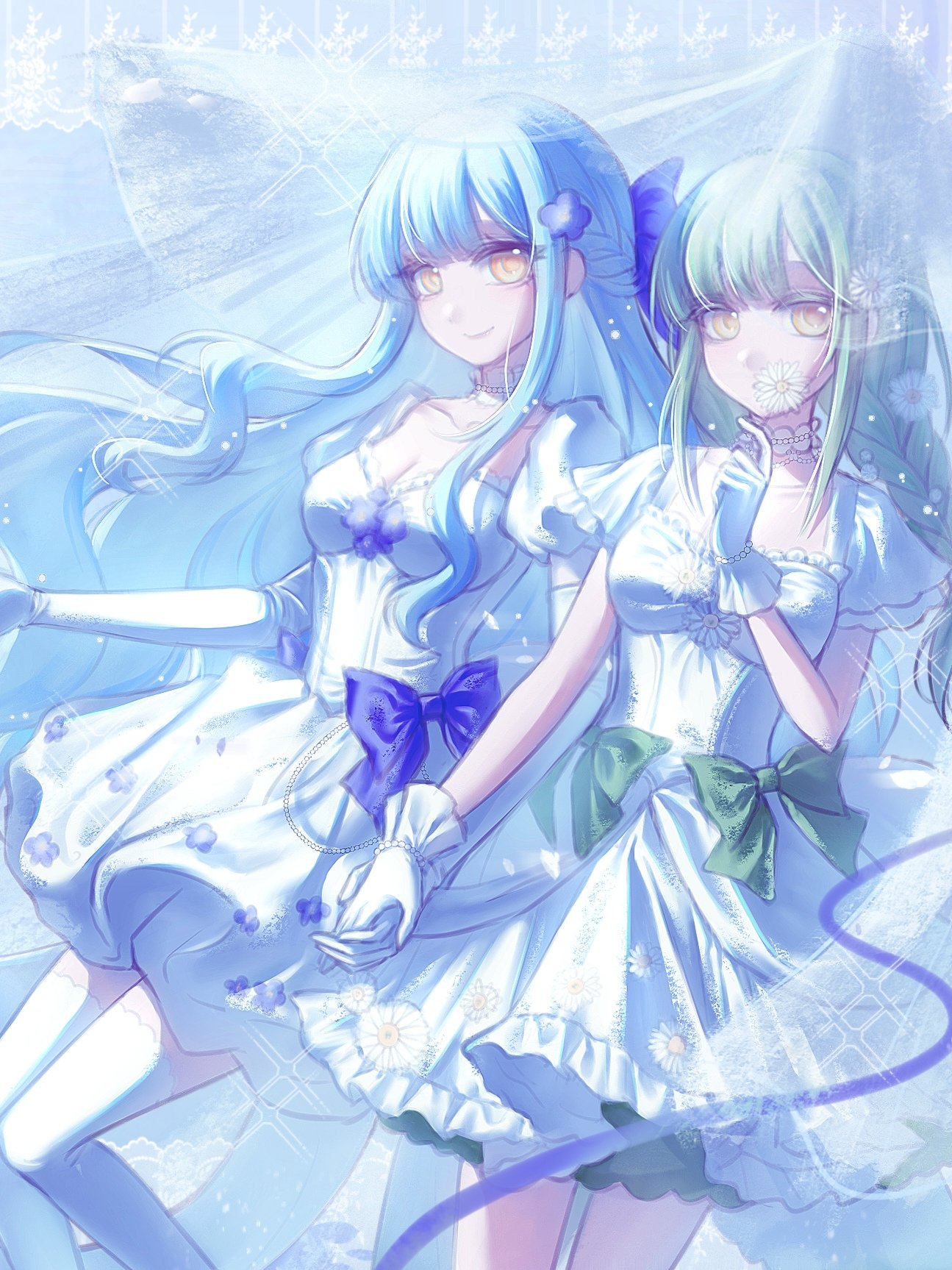 togawa sakiko, wakaba mutsumi, bang dream!, bang dream! it's mygo!!!!!, chinese commentary, commentary request, highres, 2girls, blue bow, blue hair, bow, breasts, choker, cleavage, detached sleeves, dress, flower, gloves, green bow, green hair, half updo, holding, holding flower, holding hands, long hair, looking at viewer, medium breasts, multiple girls, short sleeves, shoushud, sidelocks, thighhighs, white choker, white dress, white gloves, white thighhighs, yellow eyes