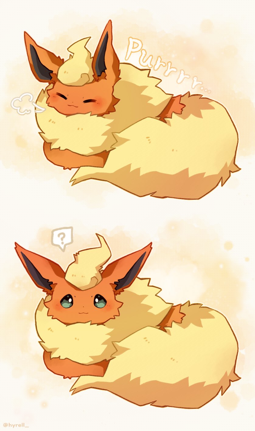 hyrell, flareon, nintendo, pokemon, commentary request, highres, korean commentary, :3, ?, animal focus, closed eyes, closed mouth, fluffy, full body, gen 1 pokemon, green eyes, looking at viewer, lying, multiple views, neck fur, no humans, orange fur, pokemon (creature), pokemon focus, purring, simple background, solo, yellow background, yellow fur