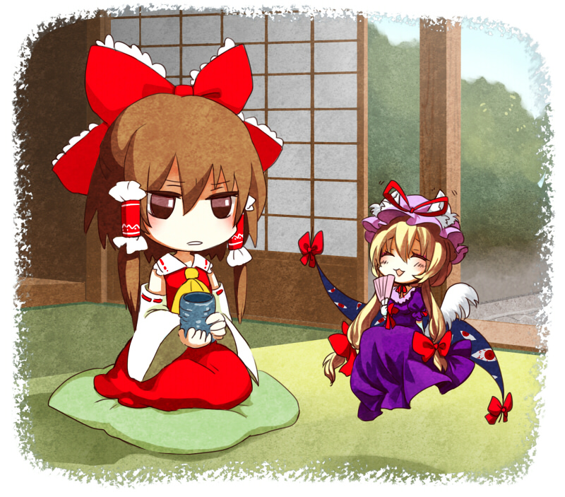 ria (rilpoppo), hakurei reimu, yakumo yukari, touhou, bad id, bad pixiv id, 2girls, animal ears, blonde hair, border, bow, brown hair, chibi, detached sleeves, elbow gloves, fading border, female focus, gap (touhou), gloves, hand fan, hat, japanese clothes, kemonomimi mode, long hair, miko, multiple girls, short hair, tail