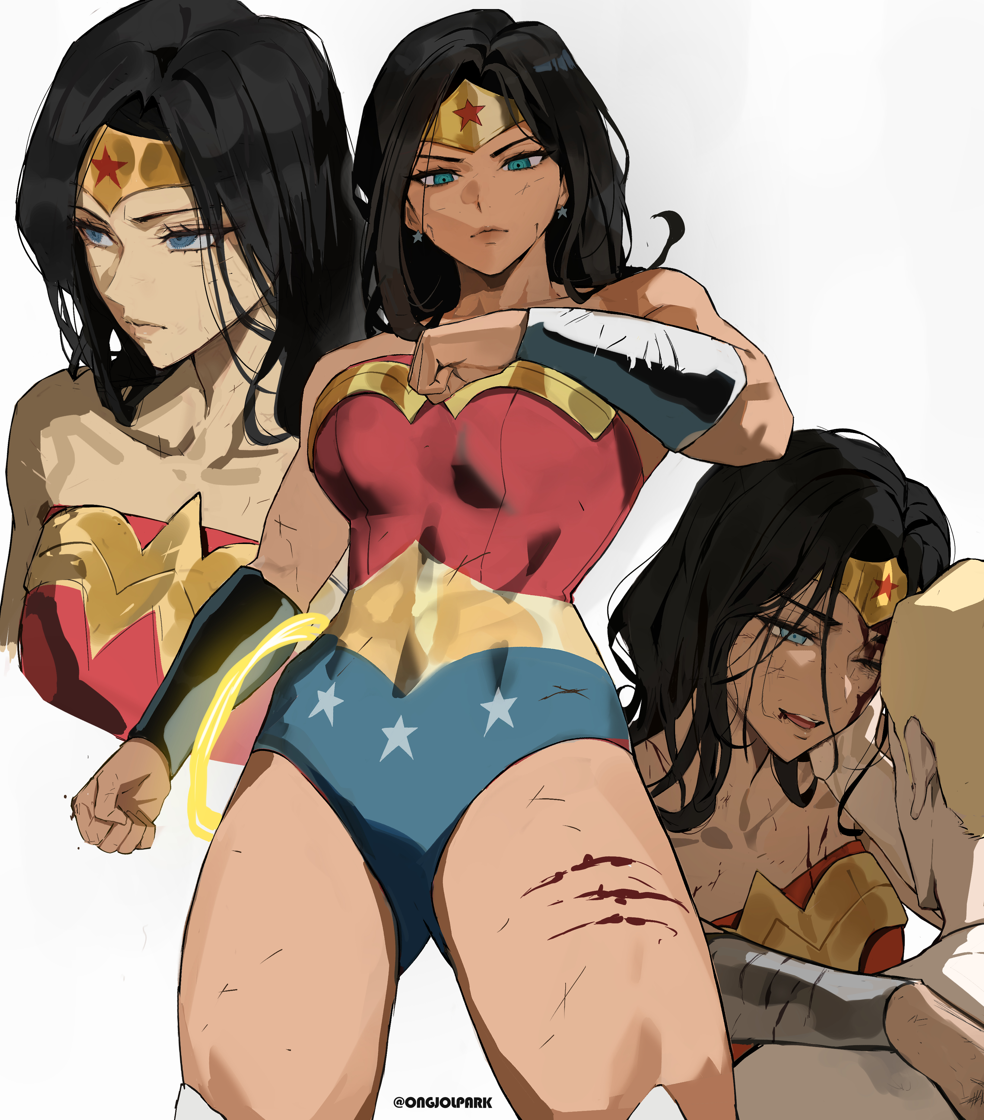 park ongjol, wonder woman, dc comics, wonder woman (series), absurdres, commentary, english commentary, highres, 1boy, 1girl, black hair, blonde hair, blood, blue eyes, earrings, jewelry, lasso, lasso of truth, leotard, long hair, star (symbol), star earrings, star print, superhero costume, tiara, twitter username
