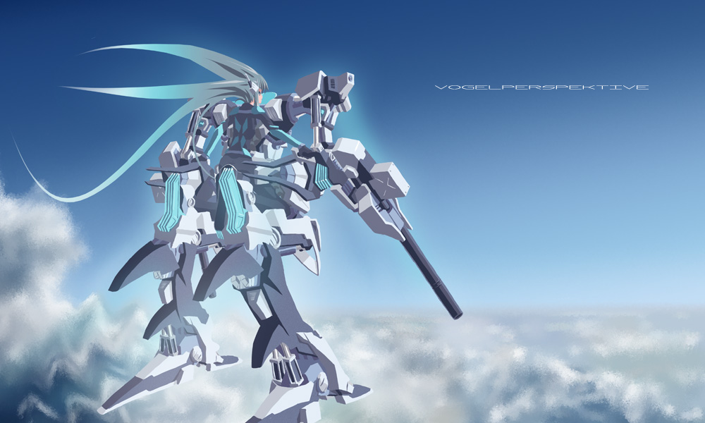 hier, armored core, armored core 4, fromsoftware, blue hair, cloud, flying, mecha musume