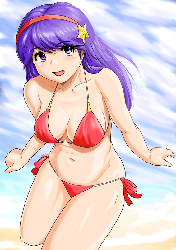asamiya athena, psycho soldier, snk, the king of fighters, 1girl, bikini, breasts, cleavage, female focus, grin, headband, large breasts, legs, navel, purple hair, sky, smile, solo, star (symbol), swimsuit, things