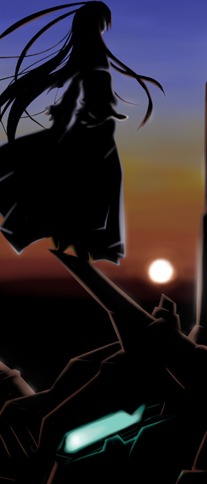 hier, armored core, armored core 4, fromsoftware, 1girl, female focus, mecha musume, outdoors, sky, solo, standing, sun