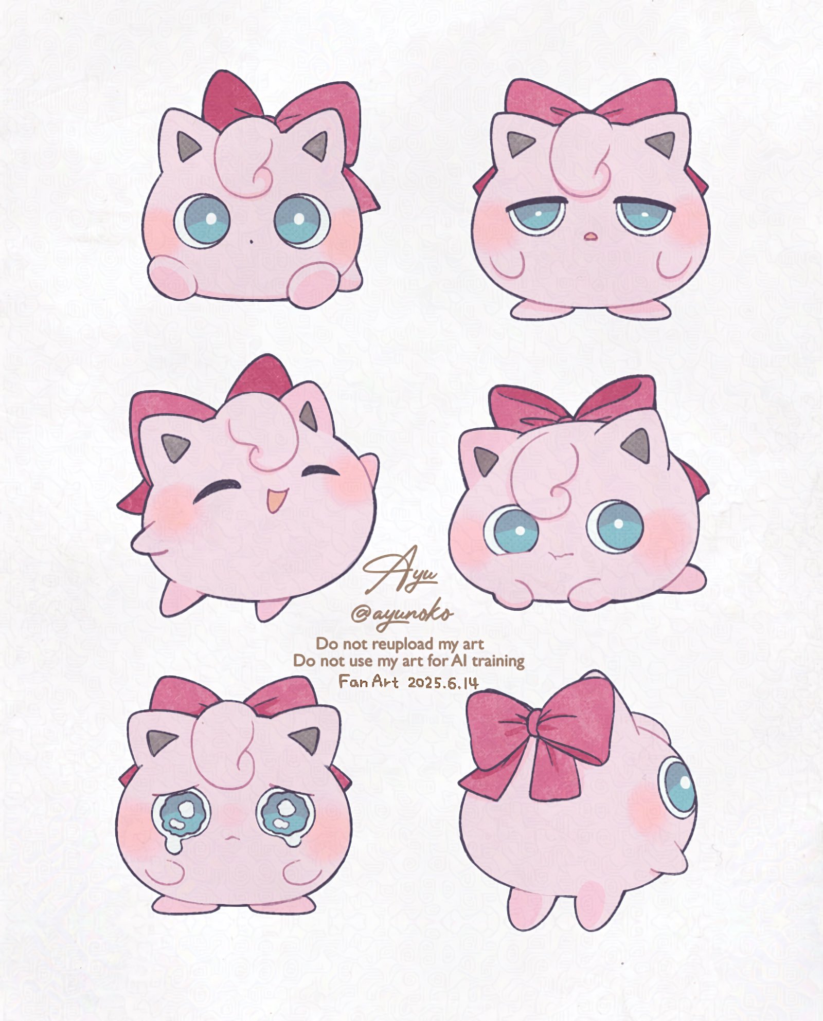 ayu (mog), jigglypuff, nintendo, pokemon, commentary, highres, :d, :t, ^ ^, blue eyes, bow, bright pupils, closed eyes, closed mouth, dot mouth, gen 1 pokemon, multiple views, no humans, open mouth, pokemon (creature), pokemon focus, red bow, signature, simple background, smile, tears, twitter username, watermark, white background, white pupils
