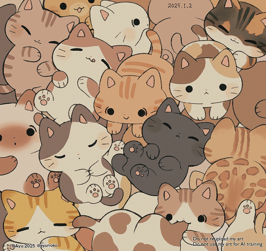 ayu (mog), original, commentary request, :<, :3, animal, animal focus, artist name, black cat, brown cat, cat, closed eyes, closed mouth, dated, orange cat, smile, solid circle eyes, twitter username, watermark, white cat