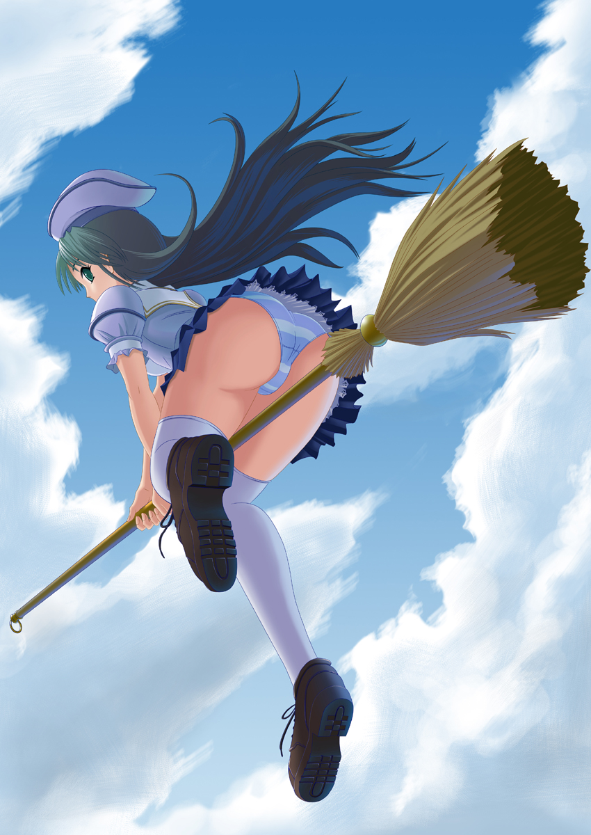 gatakk, gattaku, original, bad id, highres, md5 mismatch, resized, resolution mismatch, source smaller, upscaled, 1girl, ass, broom, broom riding, female focus, from below, green eyes, green hair, long hair, looking down, matching hair/eyes, panties, pantyshot, riding, skirt, solo, striped clothes, striped panties, thighhighs, underwear, upskirt