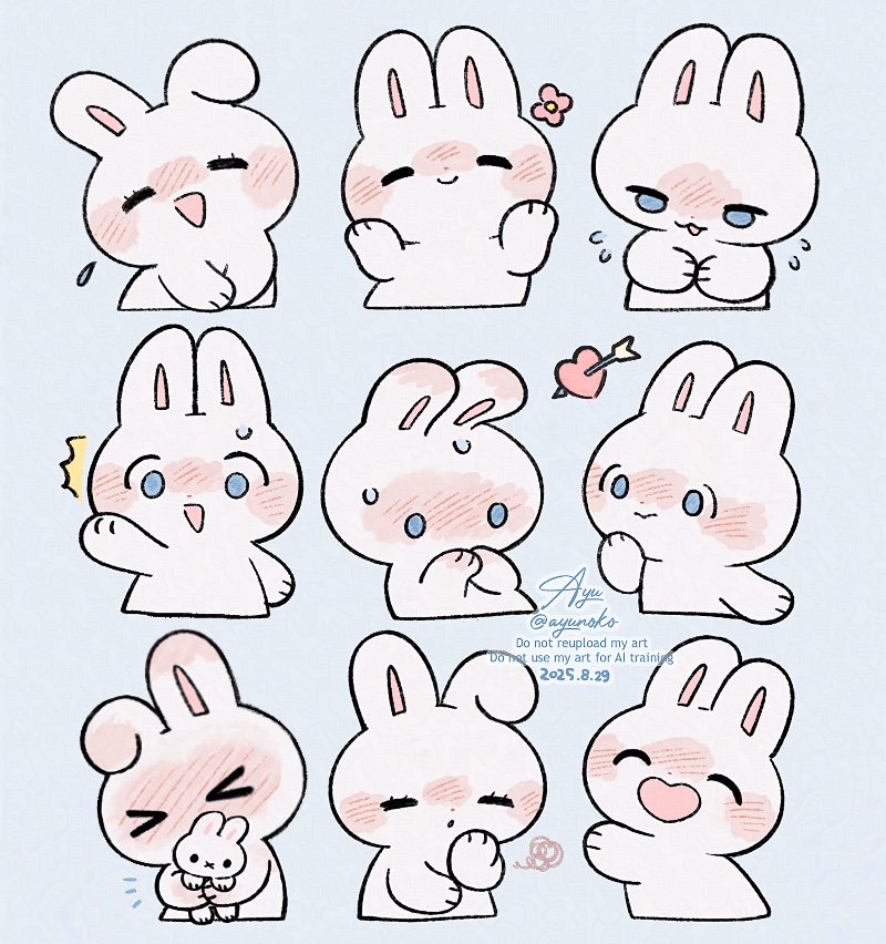 ayu (mog), original, commentary, commentary request, english commentary, mixed-language commentary, > <, :d, ^^^, animal, animal focus, arrow through heart, blue background, blue eyes, blush, closed eyes, closed mouth, dated, flower, flying sweatdrops, holding, holding stuffed toy, multiple views, no humans, nose blush, notice lines, open mouth, rabbit, signature, simple background, smile, squiggle, stuffed animal, stuffed rabbit, stuffed toy, sweat, watermark