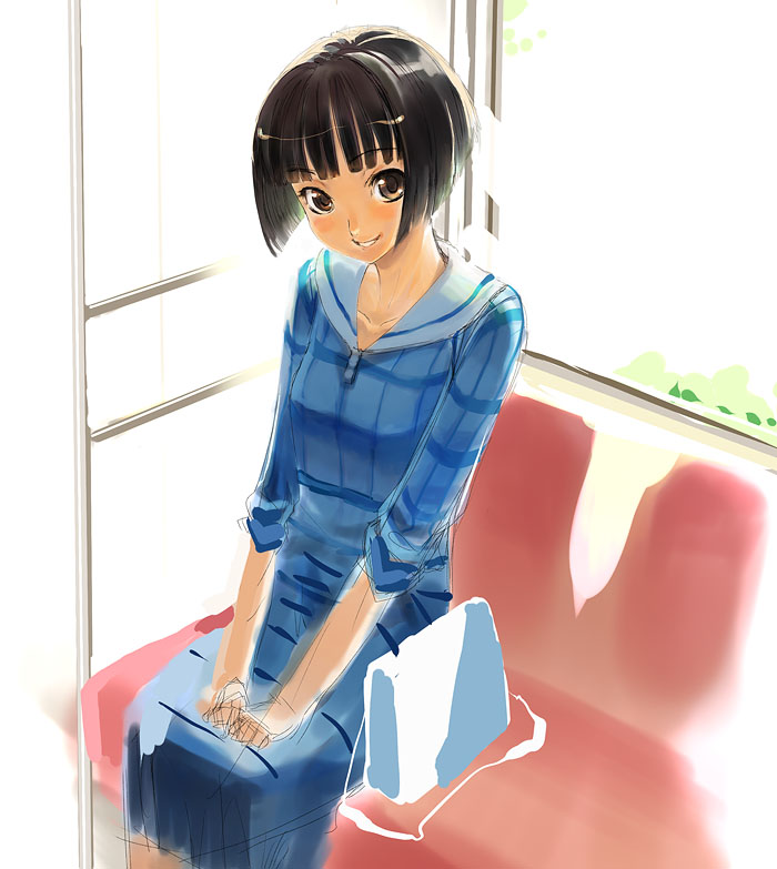 yakepu, kobayakawa rinko, love plus, bad id, bad pixiv id, 1girl, black hair, blue theme, bob cut, brown eyes, female focus, short hair, sketch, skirt, smile, solo