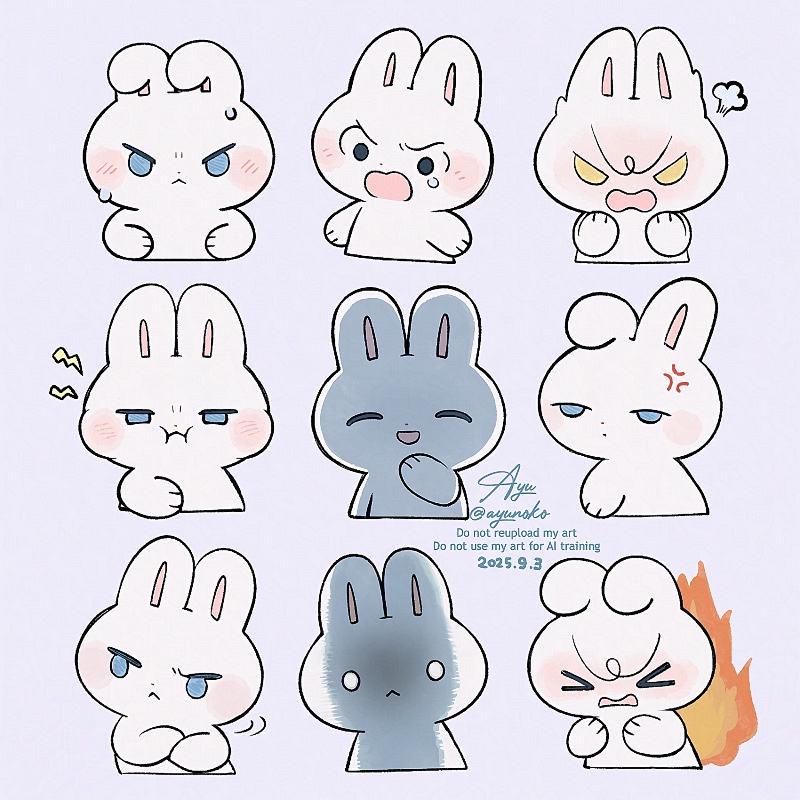 ayu (mog), original, commentary, commentary request, english commentary, mixed-language commentary, :<, :d, :i, ^ ^, anger vein, angry, animal, animal focus, blue eyes, blush, closed eyes, closed mouth, fire, no humans, o o, open mouth, puff of air, purple background, rabbit, signature, simple background, smile, teardrop, twitter username, v-shaped eyebrows, v-shaped eyes, watermark, yellow eyes