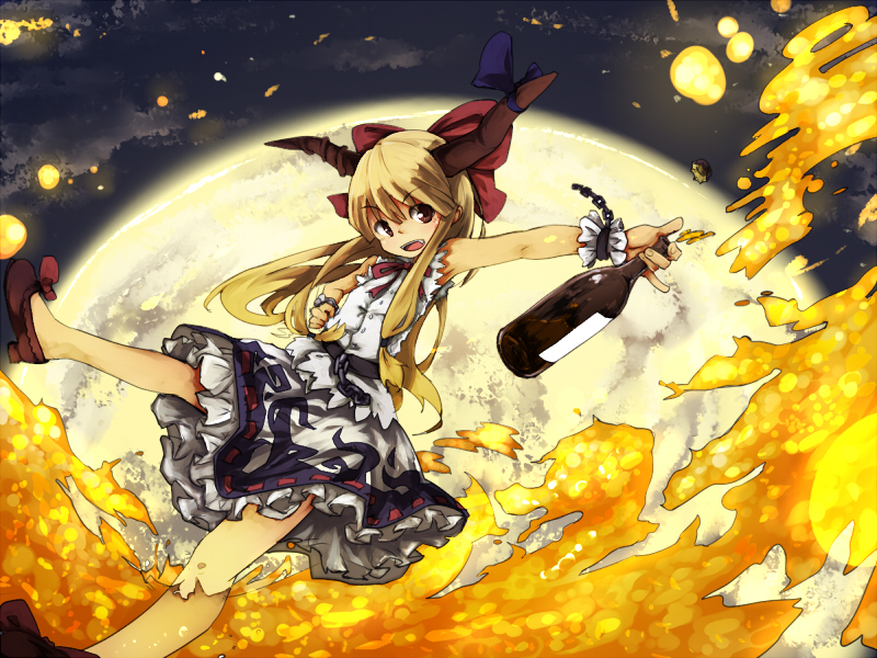 murani, ibuki suika, touhou, 1girl, blonde hair, bottle, bow, chain, female focus, fire, holding, horns, long hair, moon, open mouth, red eyes, smile, solo, wrist cuffs