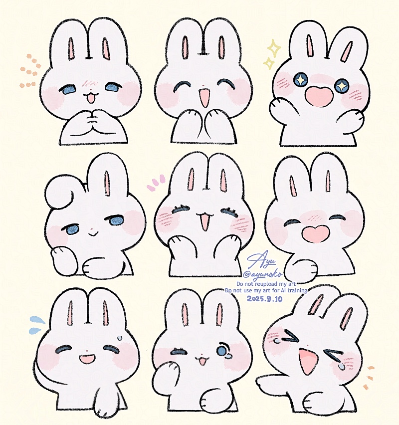 ayu (mog), original, commentary, commentary request, english commentary, mixed-language commentary, > <, + +, :>, :3, :d, ;3, ;d, ^ ^, animal, animal focus, blush stickers, closed eyes, dated, flying sweatdrops, no humans, notice lines, one eye closed, open mouth, rabbit, signature, simple background, smile, sparkle, sweatdrop, teardrop, twitter username, watermark, xd, yellow background